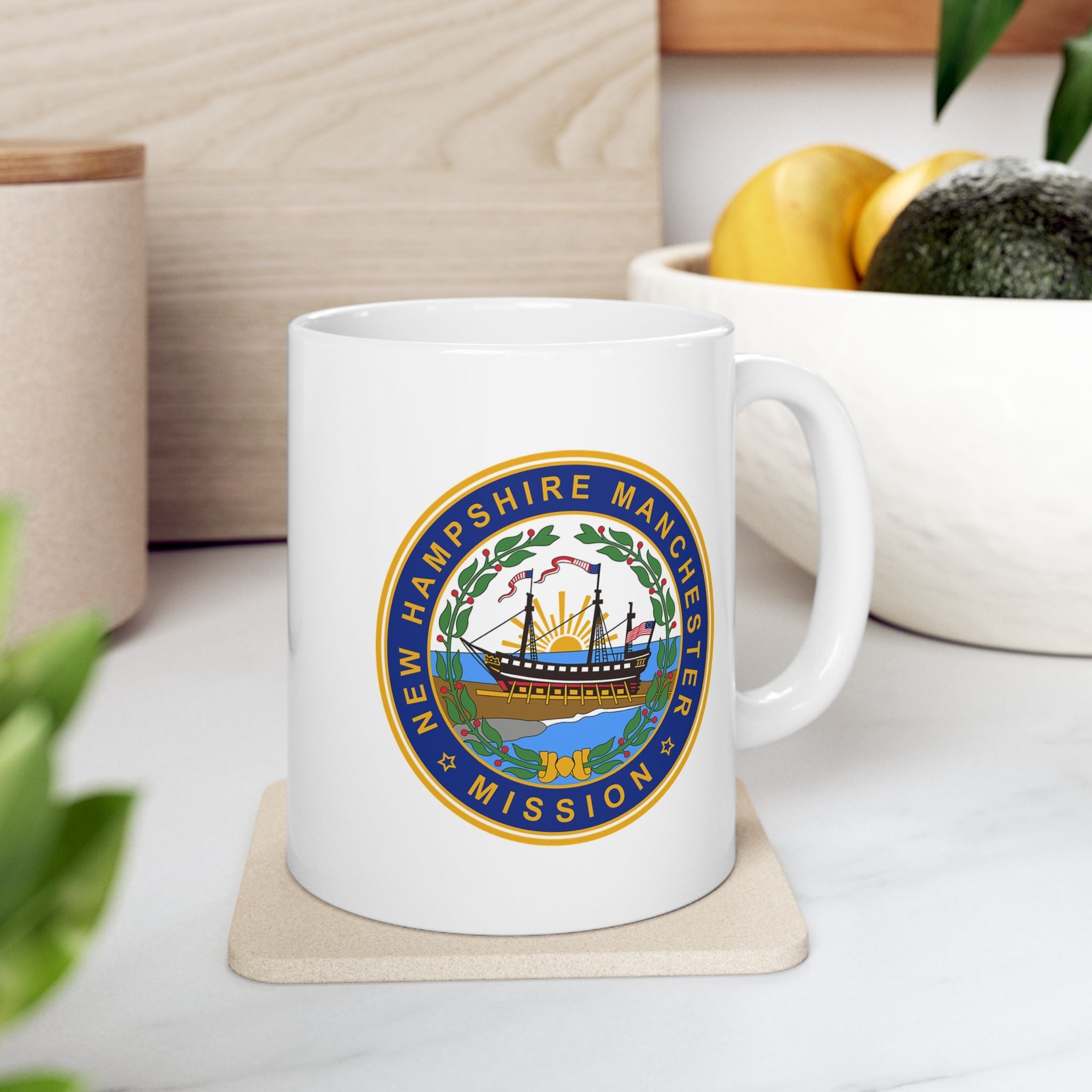 New Hampshire Manchester Mission State Flag Logo Ceramic Mug White Name - Latter-Day Saint LDS Missionary Gift - Book of Mormon