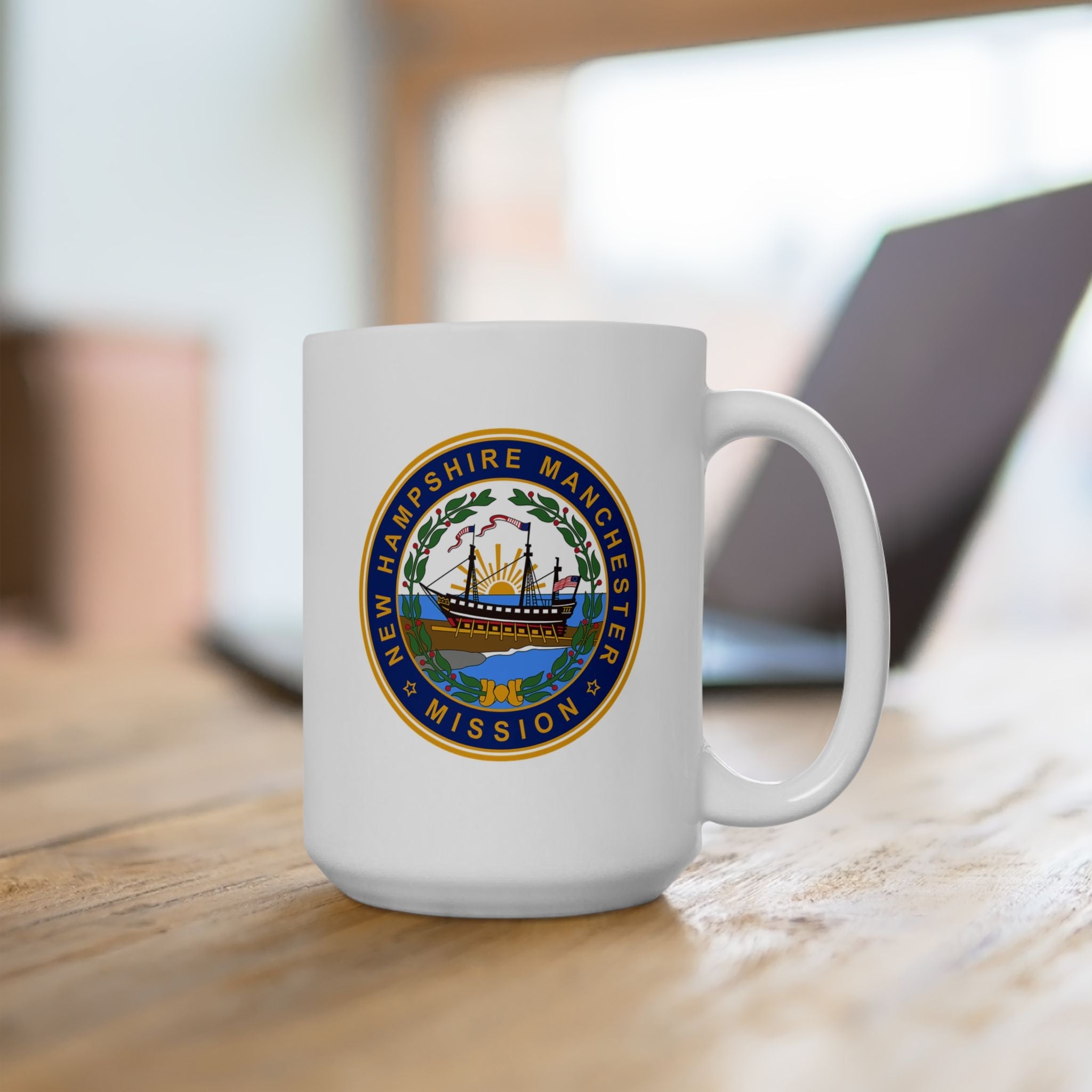 New Hampshire Manchester Mission State Flag Logo Ceramic Mug White Name - Latter-Day Saint LDS Missionary Gift - Book of Mormon