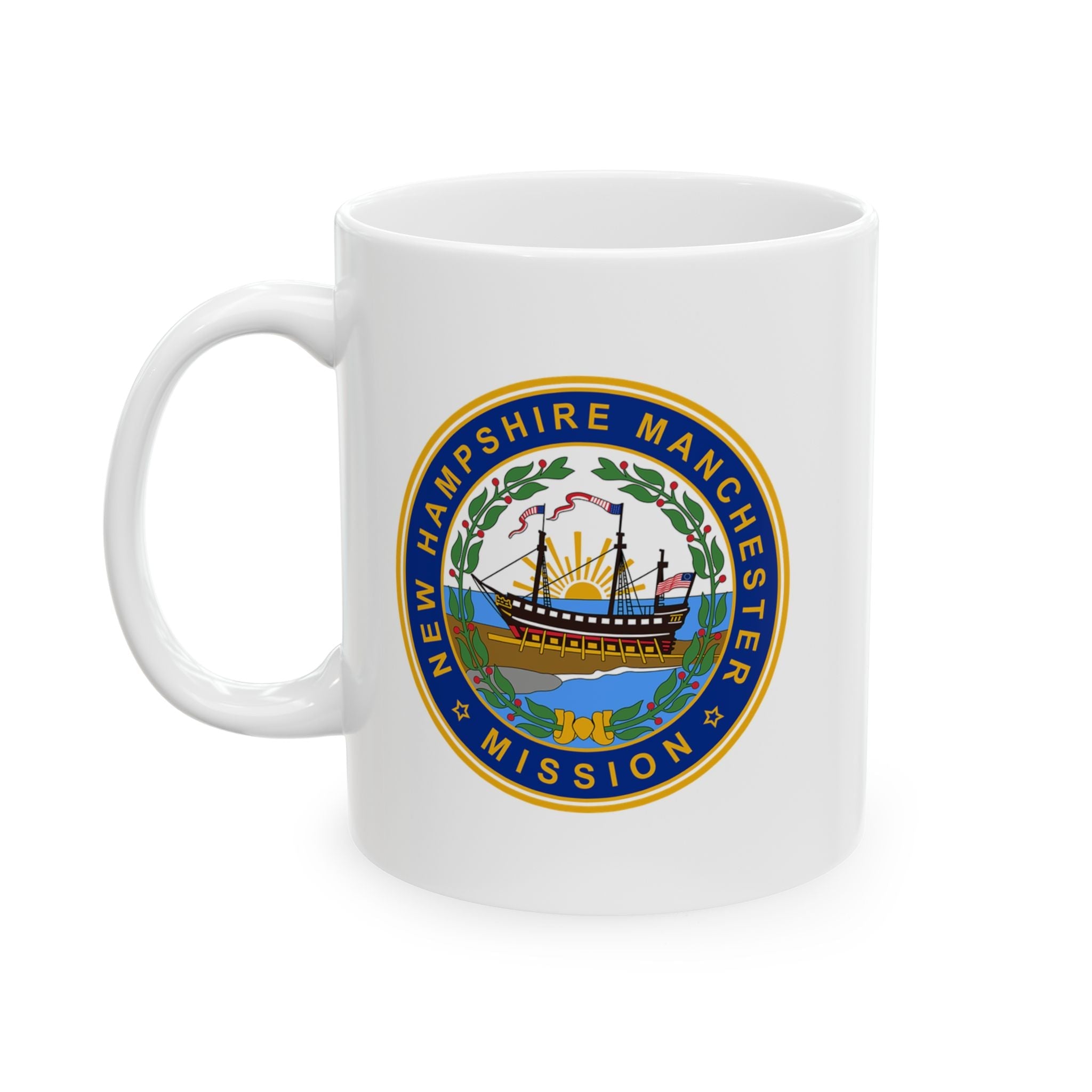 New Hampshire Manchester Mission State Flag Logo Ceramic Mug White Name - Latter-Day Saint LDS Missionary Gift - Book of Mormon