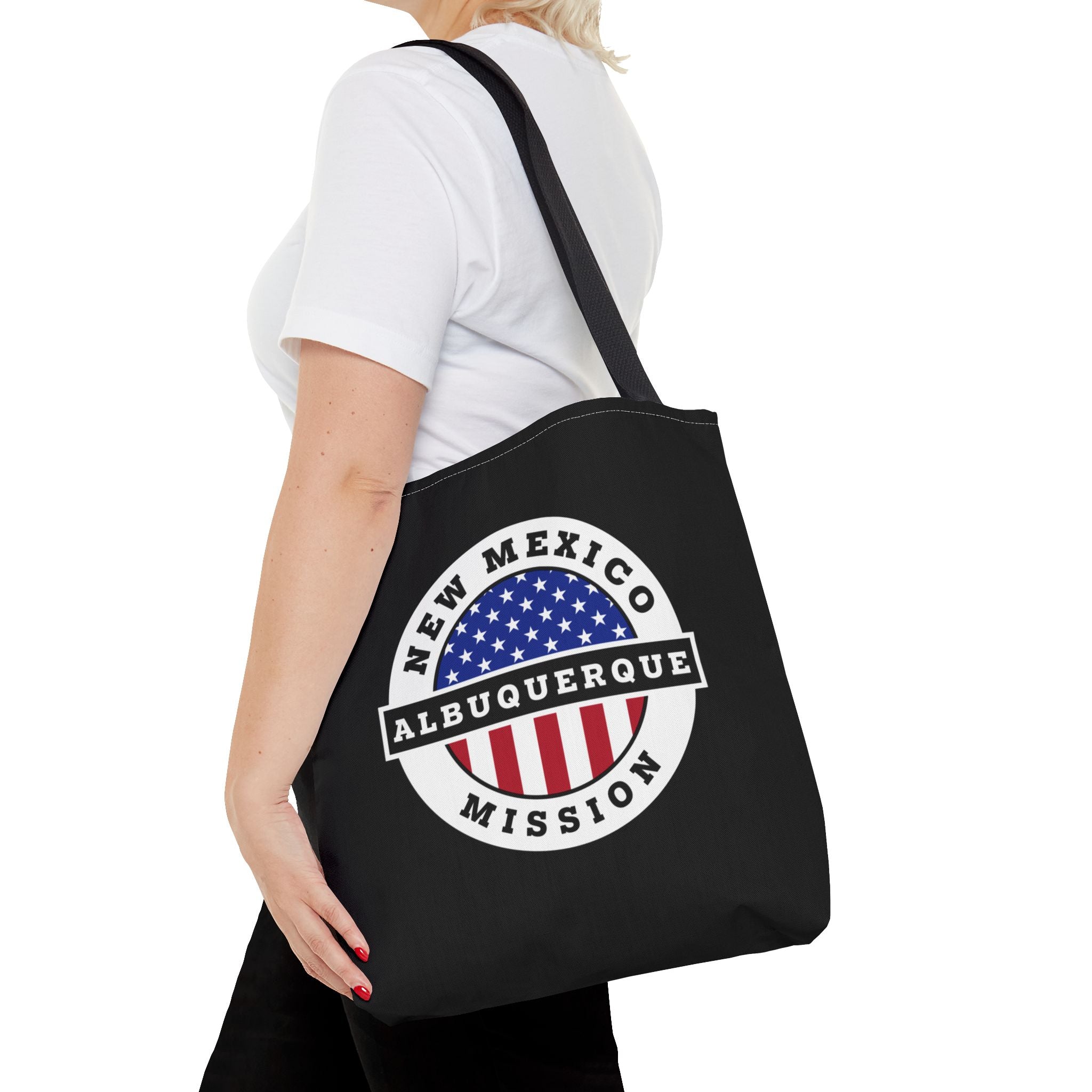 New Mexico Albuquerque Mission USA Flag Logo Tote Bag Black - Mission Wishlist - LDS Missionary Gift Store