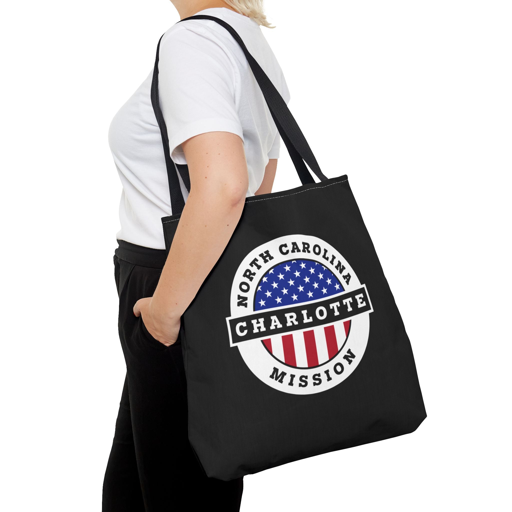 North Carolina Charlotte Mission USA Flag Logo Tote Bag Black - Latter-Day Saint LDS Missionary Gift - Book of Mormon