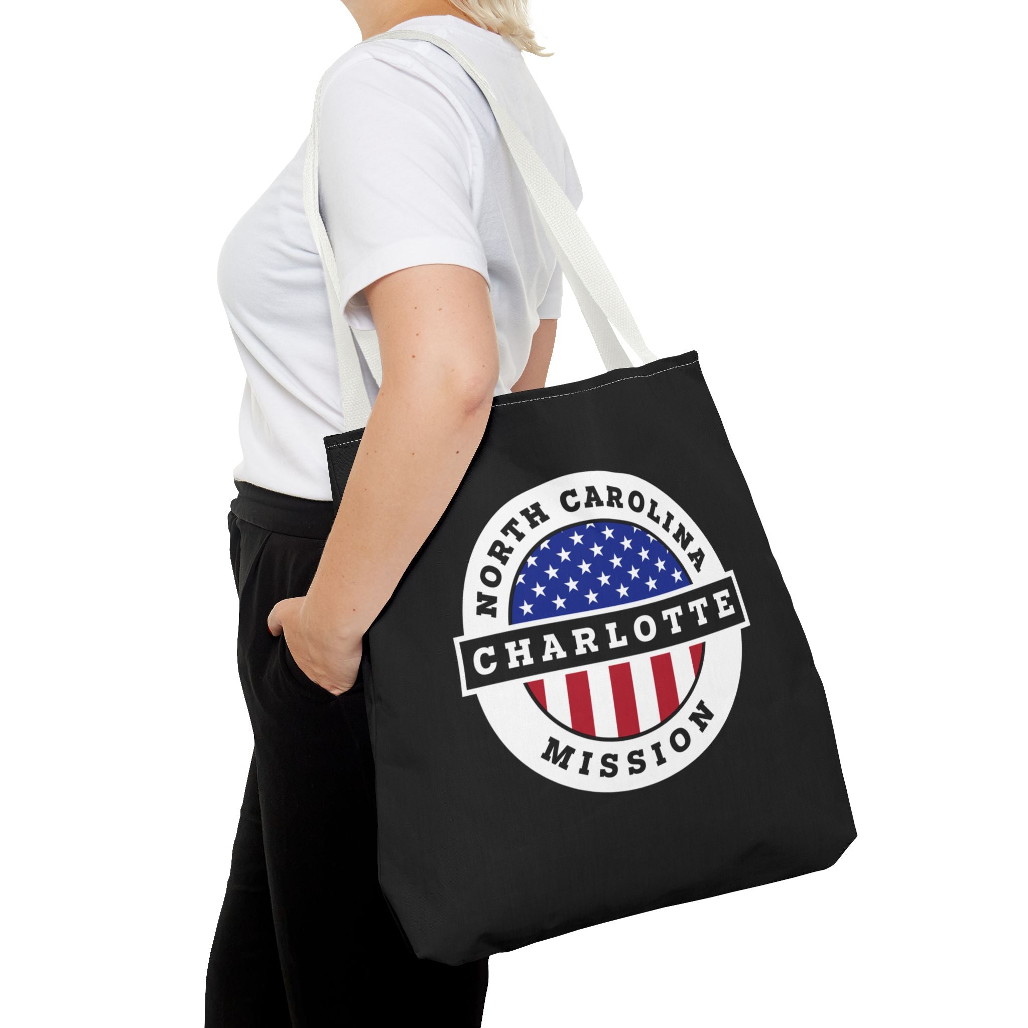 North Carolina Charlotte Mission USA Flag Logo Tote Bag Black - Latter-Day Saint LDS Missionary Gift - Book of Mormon