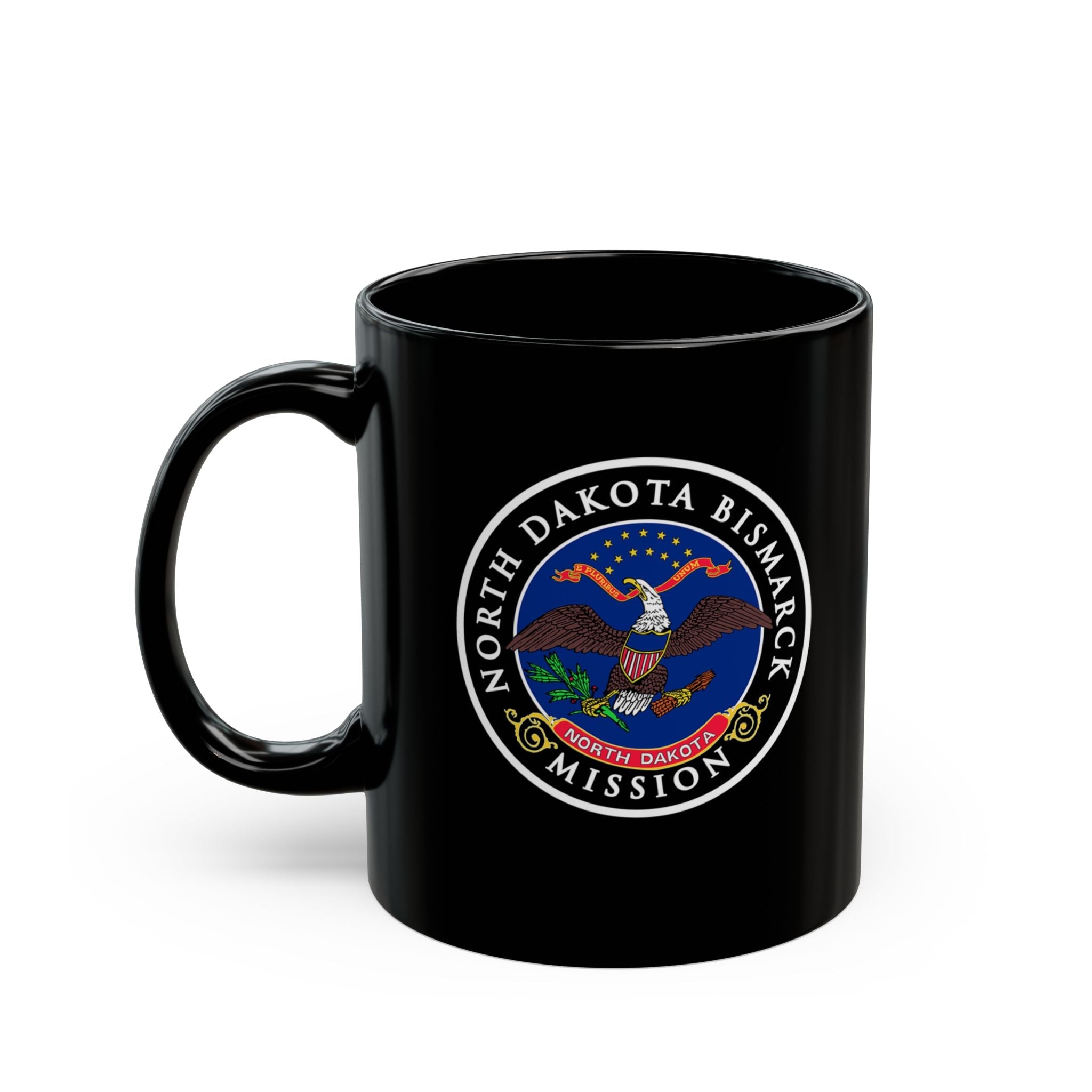 North Dakota Bismarck Mission State Flag Logo Ceramic Mug Black Name - Latter-Day Saint LDS Missionary Gift - Book of Mormon