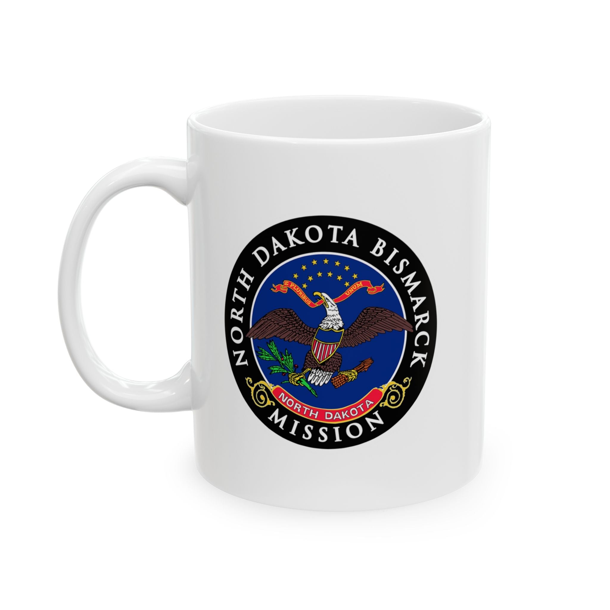 North Dakota Bismarck Mission State Flag Logo Ceramic Mug White Name - Latter-Day Saint LDS Missionary Gift - Book of Mormon