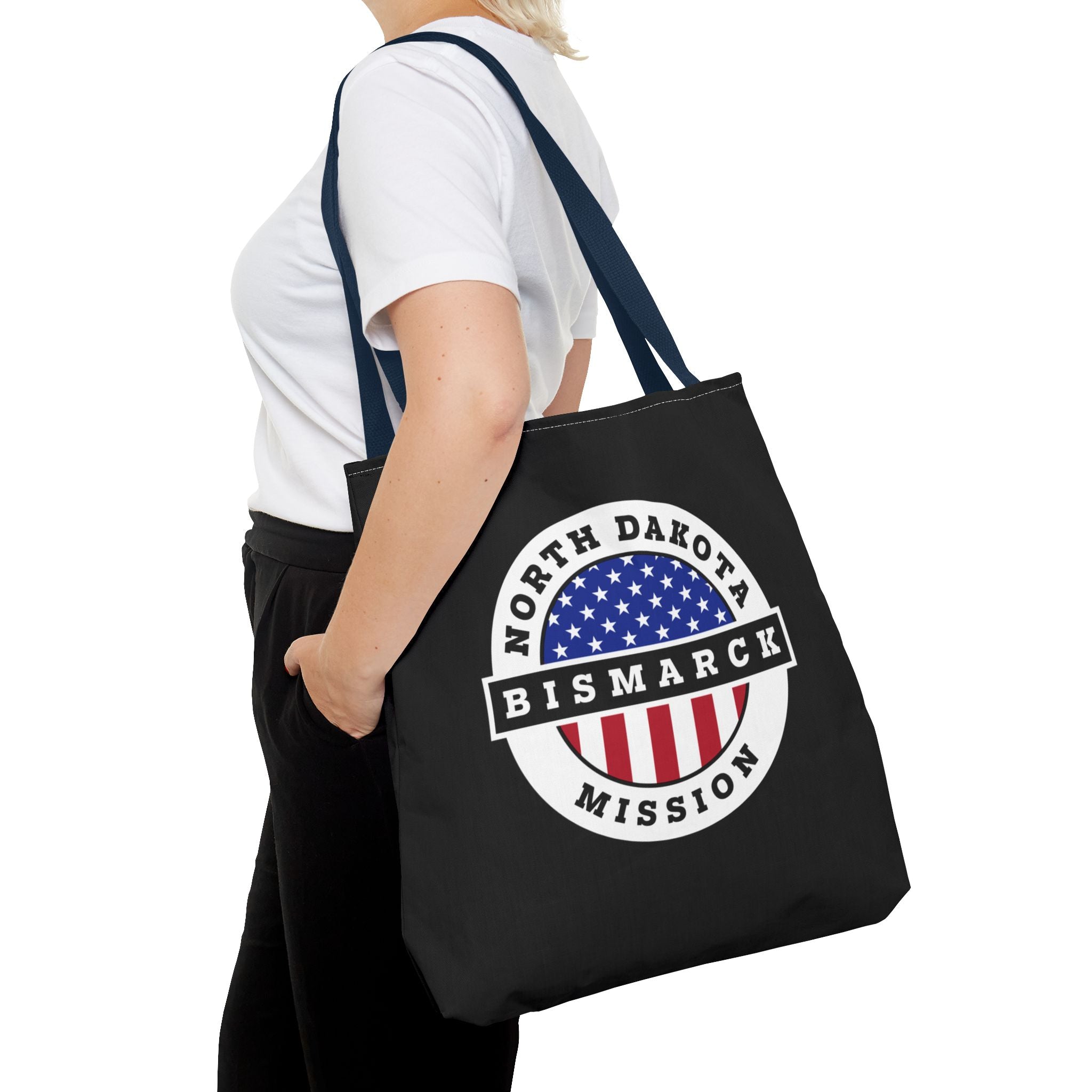 North Dakota Bismarck Mission USA Flag Logo Tote Bag Black - Latter-Day Saint LDS Missionary Gift - Book of Mormon