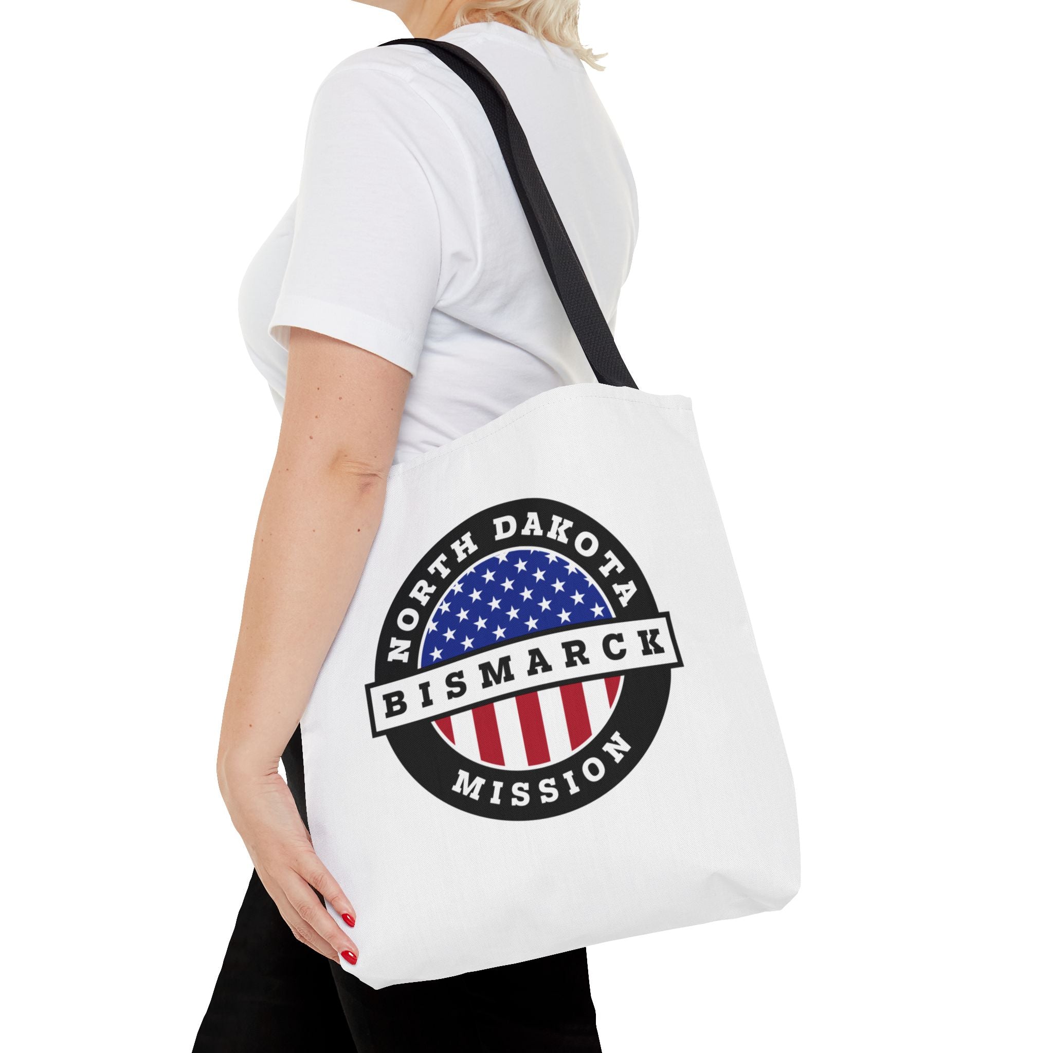 North Dakota Bismarck Mission USA Flag Logo Tote Bag White - Mission Wishlist - LDS Missionary Gift Store
