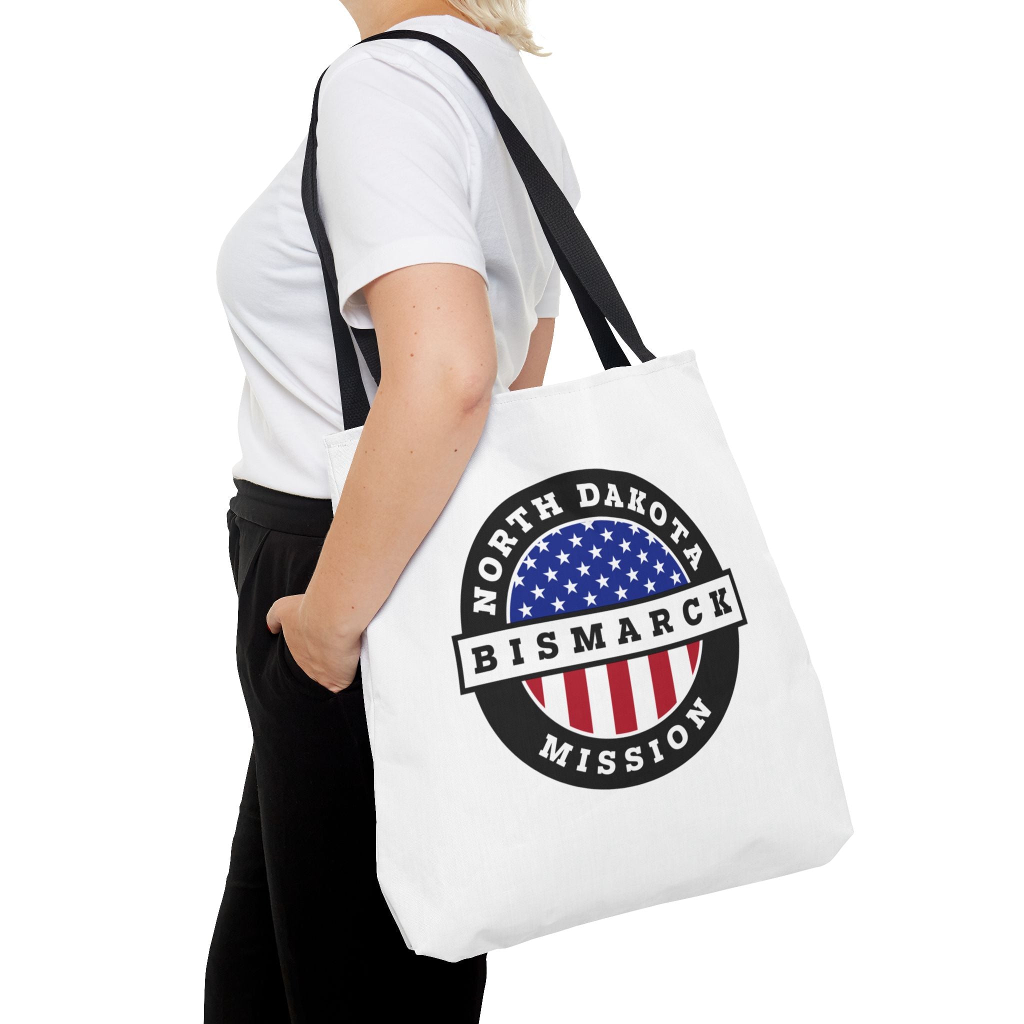 North Dakota Bismarck Mission USA Flag Logo Tote Bag White - Mission Wishlist - LDS Missionary Gift Store