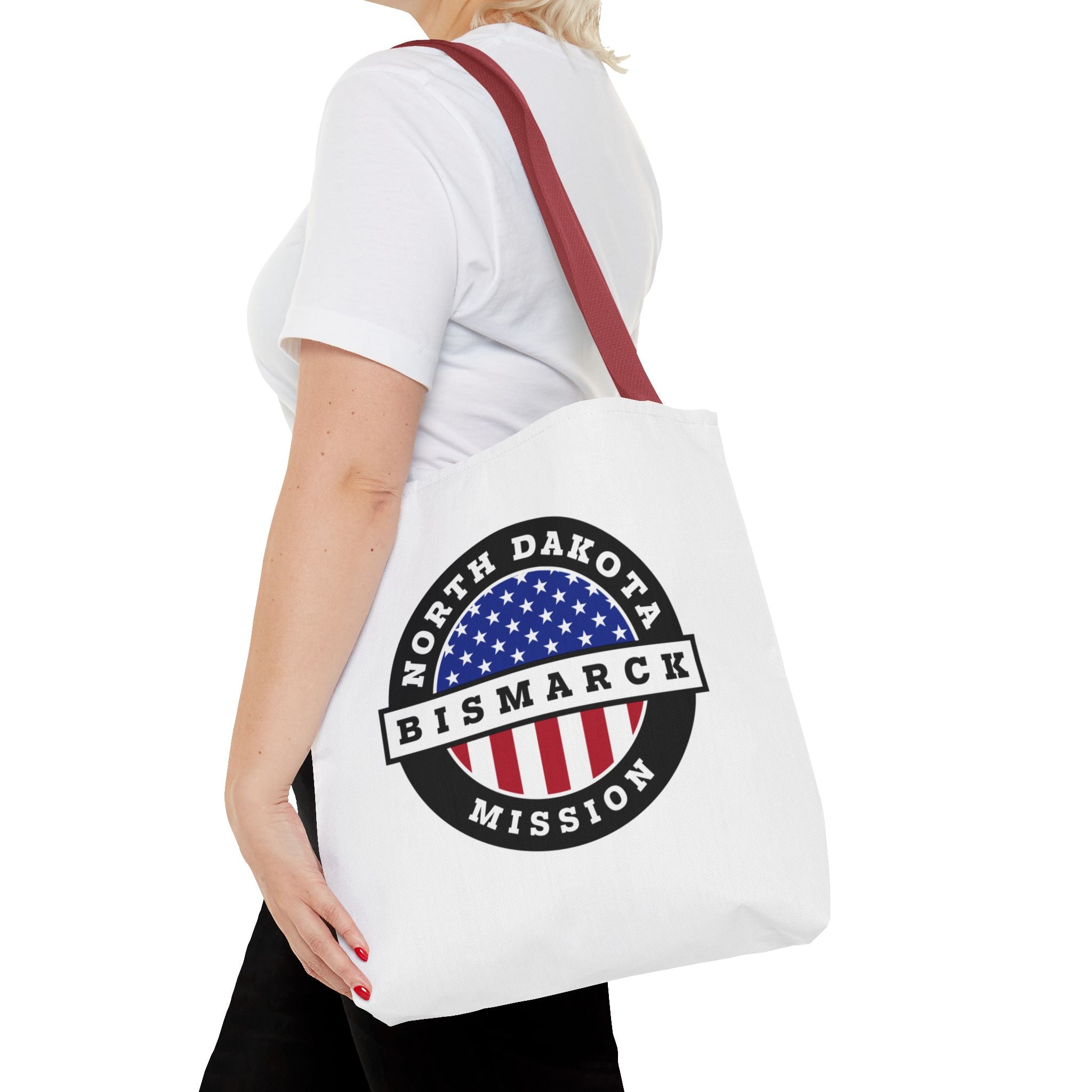 North Dakota Bismarck Mission USA Flag Logo Tote Bag White - Mission Wishlist - LDS Missionary Gift Store