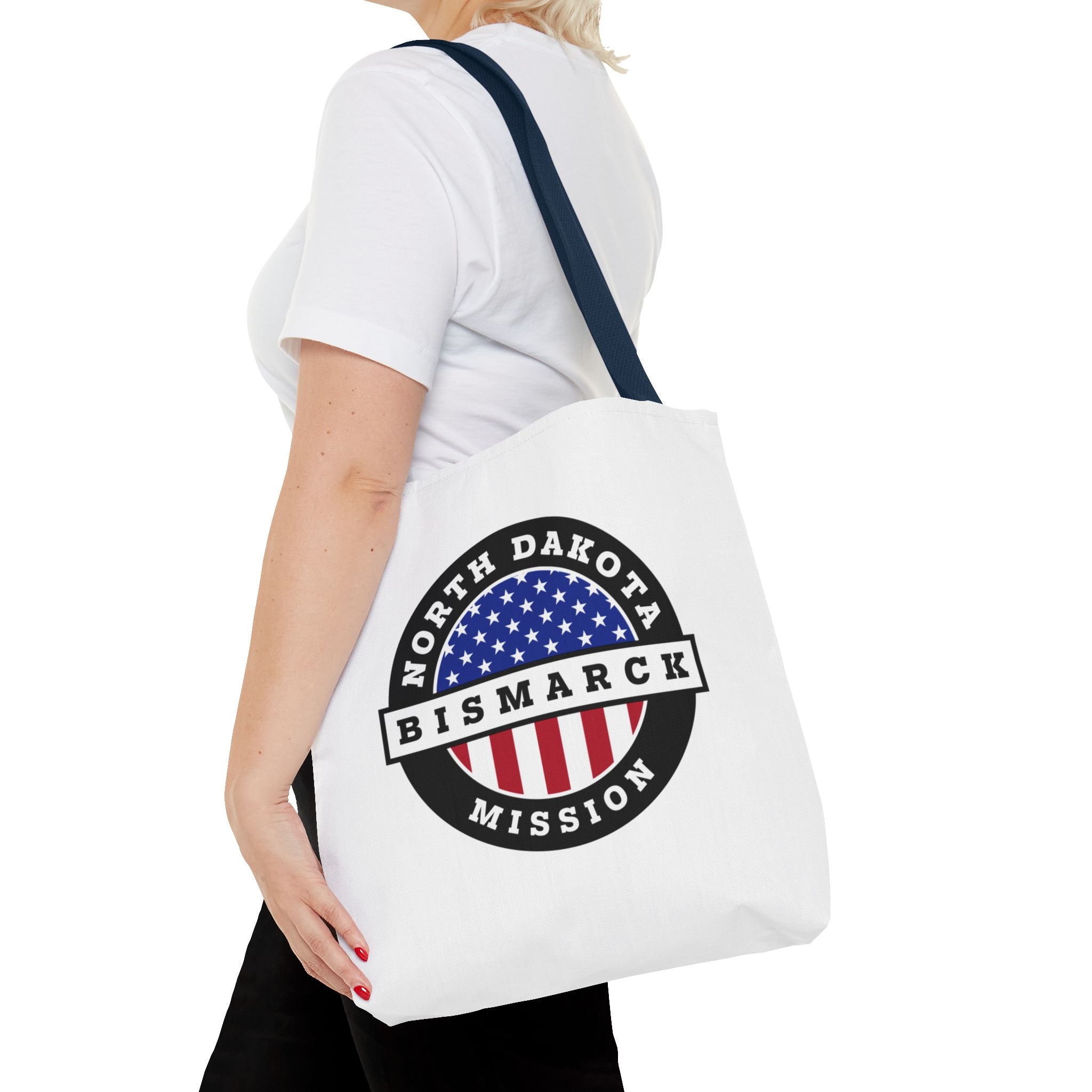 North Dakota Bismarck Mission USA Flag Logo Tote Bag White - Mission Wishlist - LDS Missionary Gift Store
