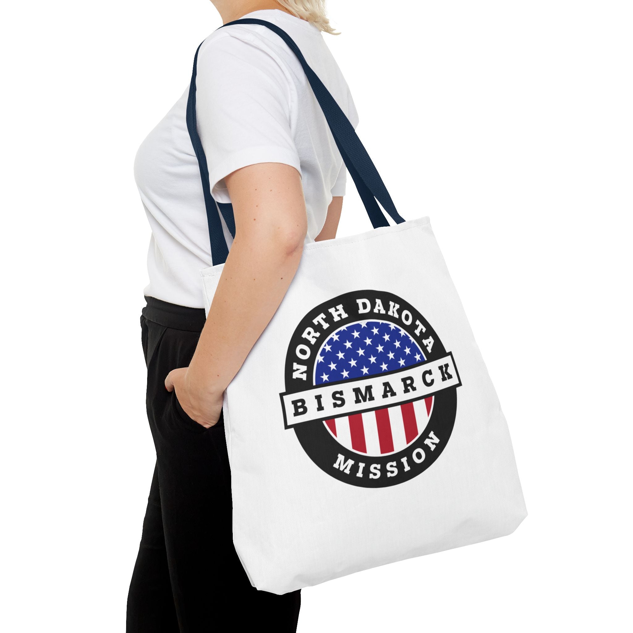 North Dakota Bismarck Mission USA Flag Logo Tote Bag White - Mission Wishlist - LDS Missionary Gift Store