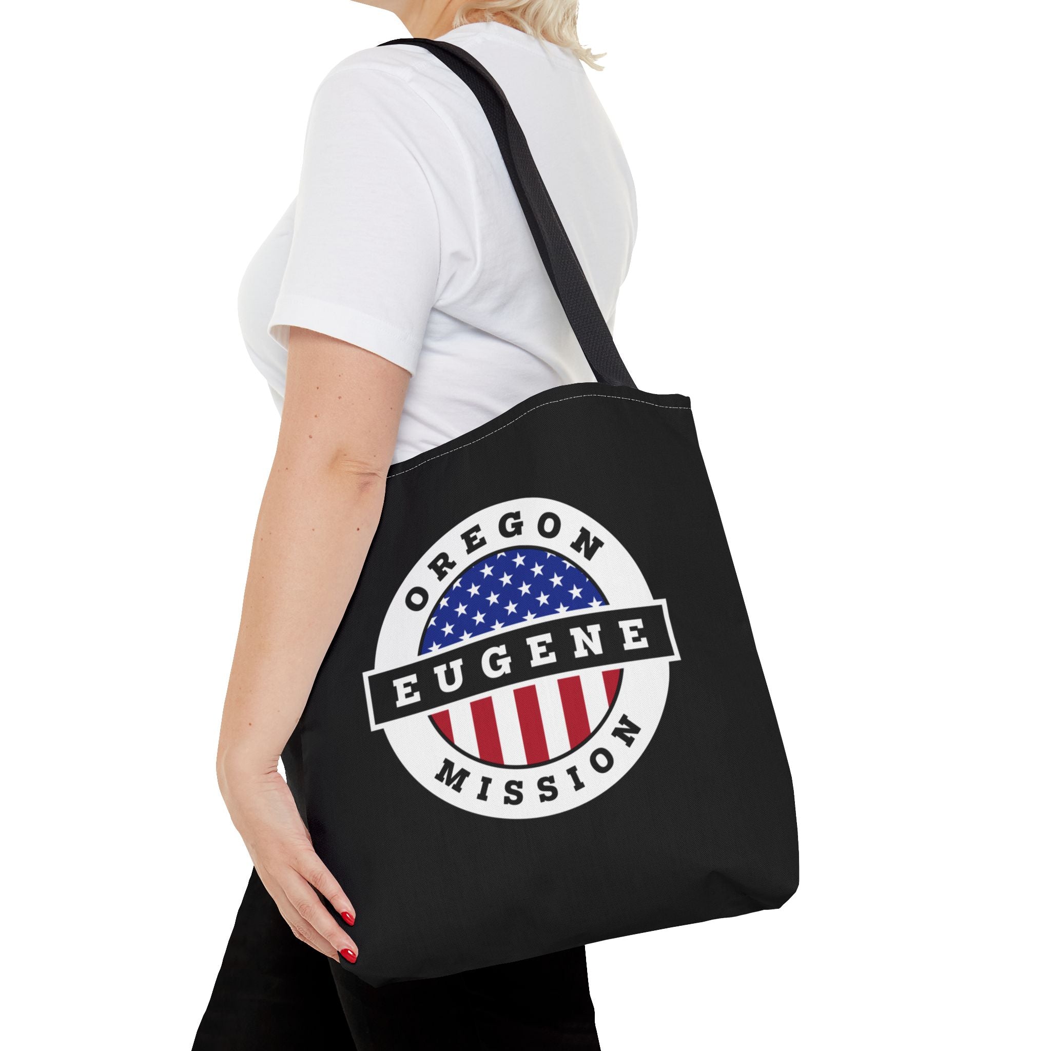 Oregon Eugene Mission USA Flag Logo Tote Bag Black - Mission Wishlist - LDS Missionary Gift Store