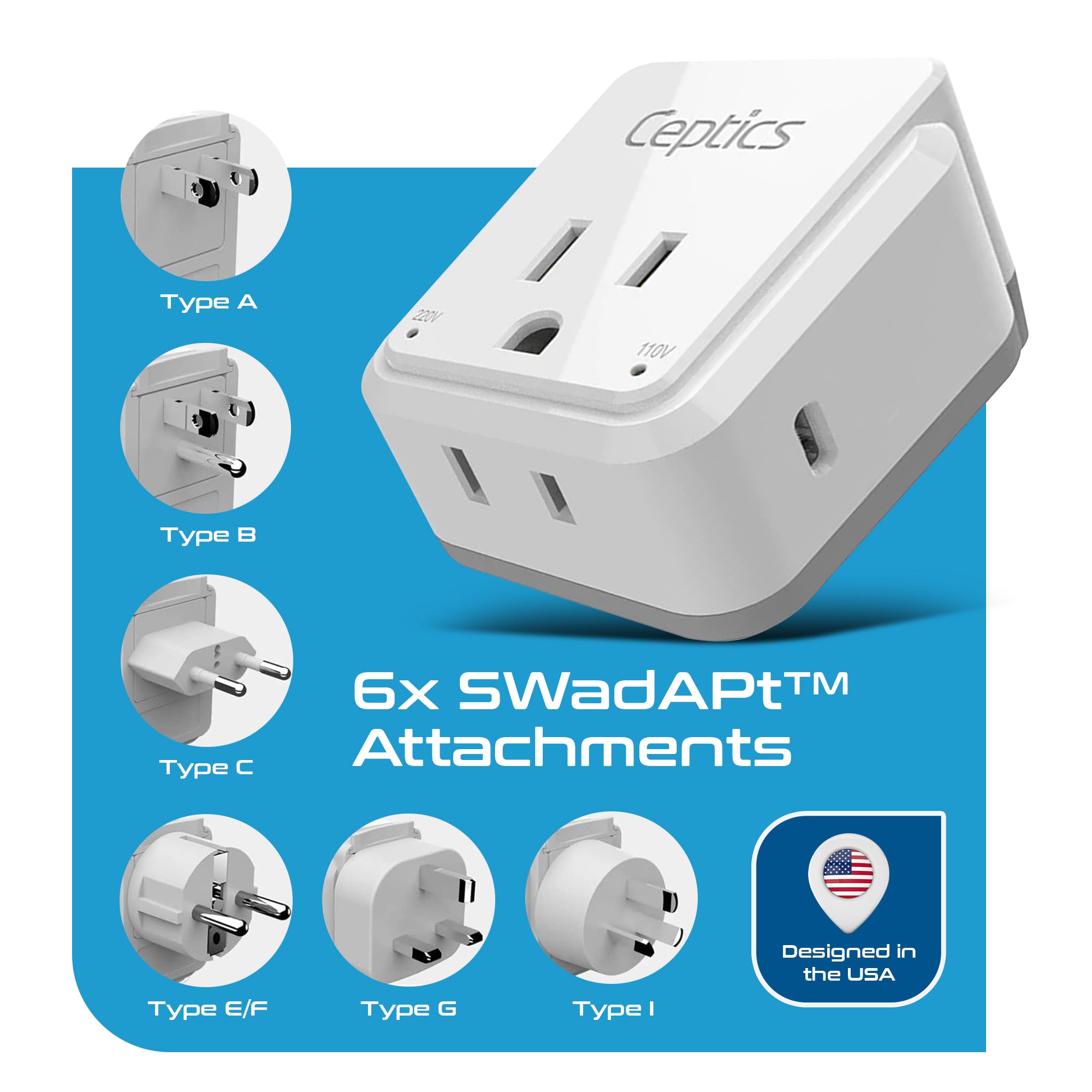 Travel Adapter Set | Type A, B, C, E/F, G, I - USB-C Port with PD + 2 US Outlets (PAK-30-WS)