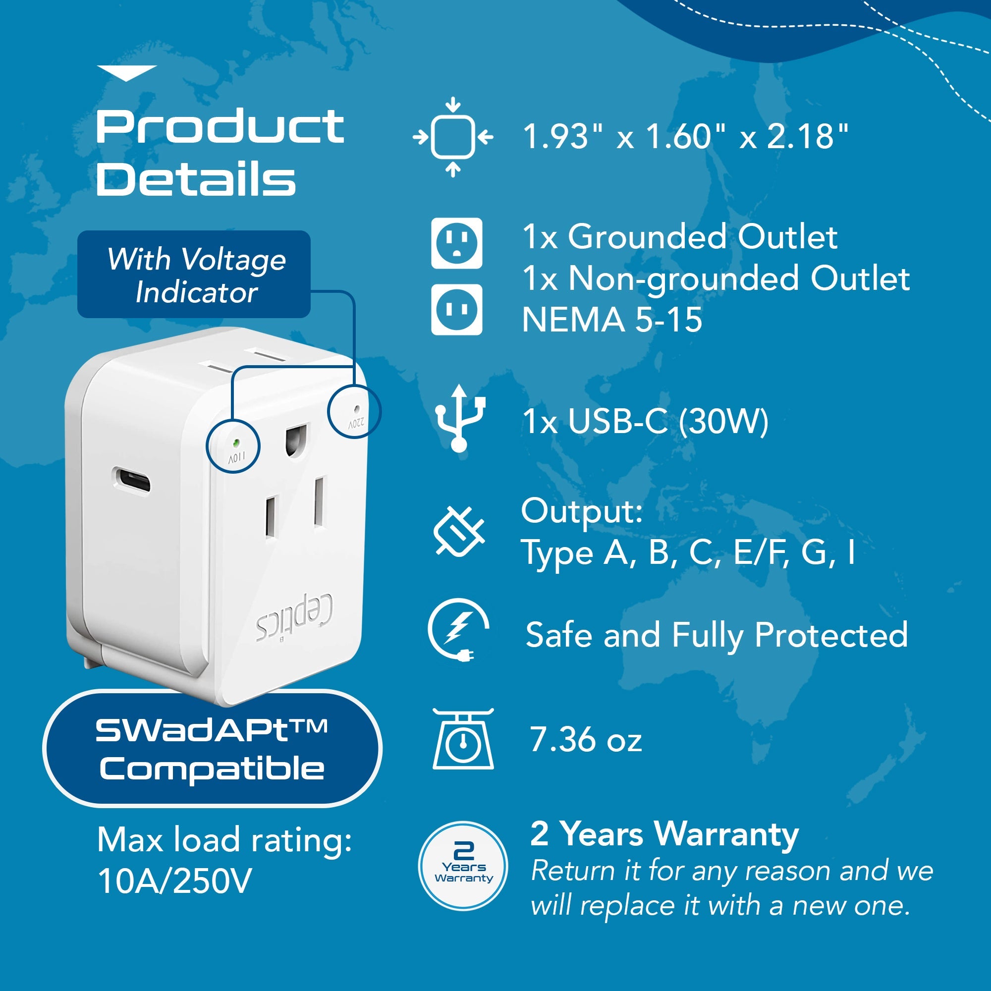 Travel Adapter Set | Type A, B, C, E/F, G, I - USB-C Port with PD + 2 US Outlets (PAK-30-WS)