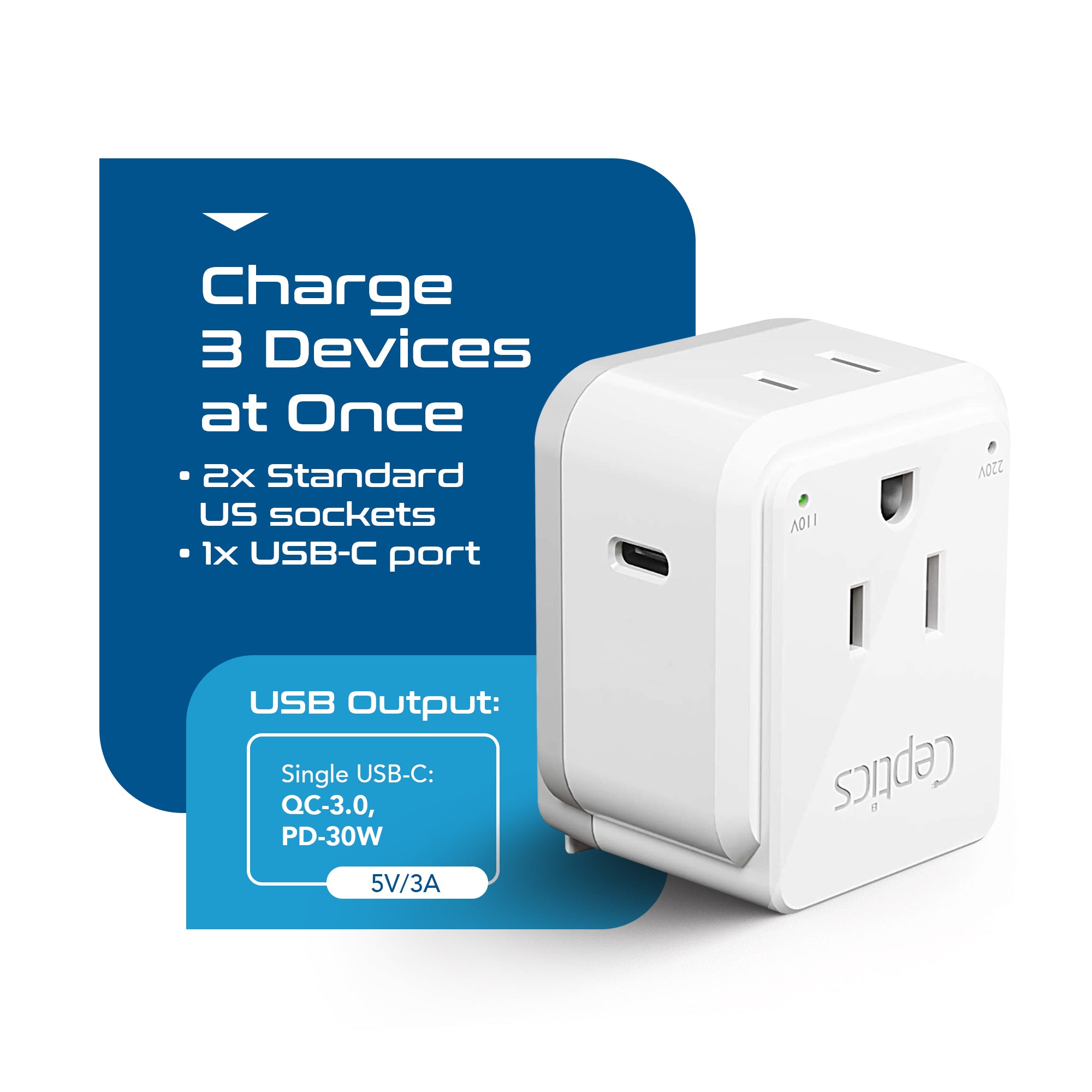UK, Hong Kong, Travel Plug Adapter | Type G - USB-C Ports + 2 US Outlets (PAK-30W-7)
