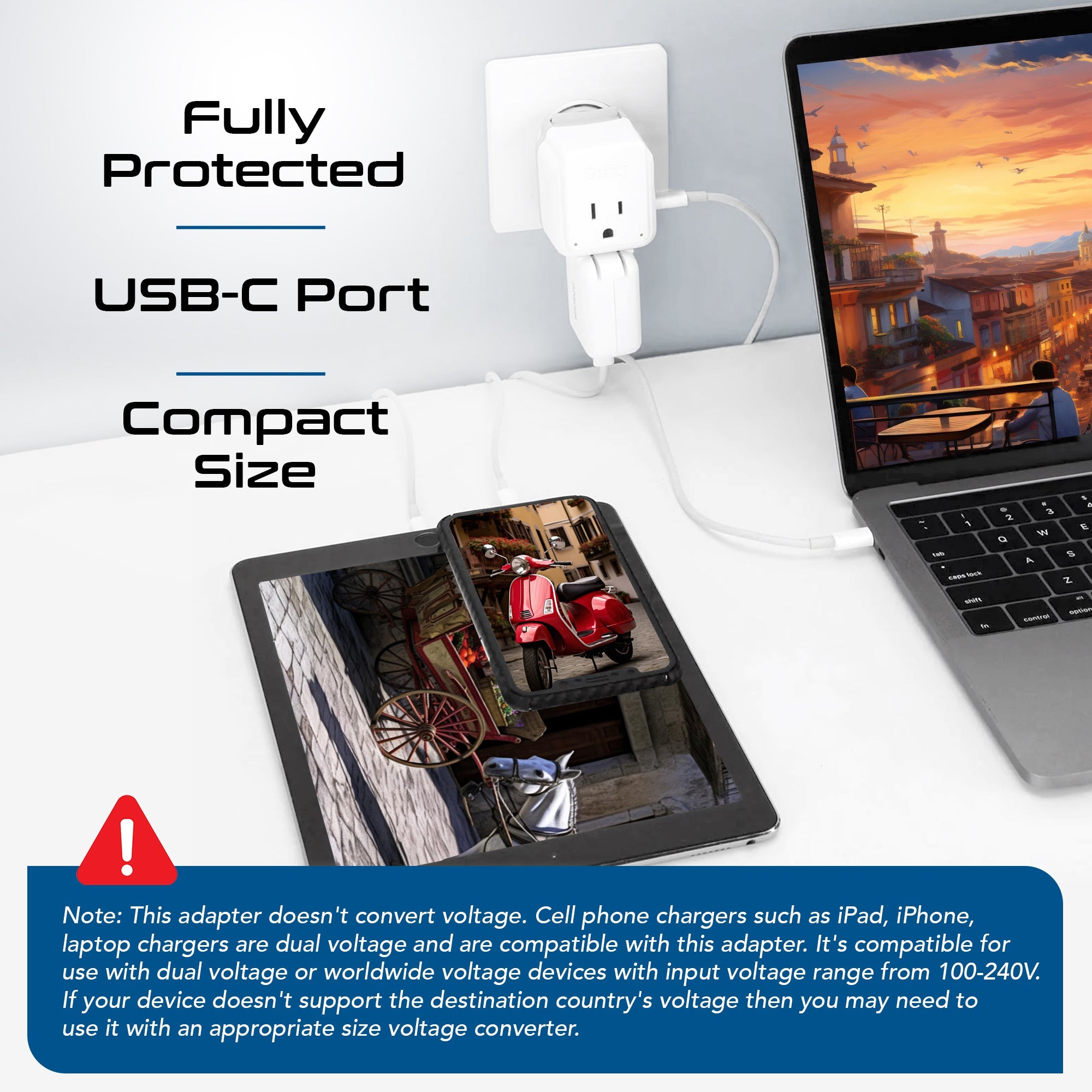 European travel Plug Adapter | Type C - USB C Port + 2 US Outlets (PAK-30W-9C)