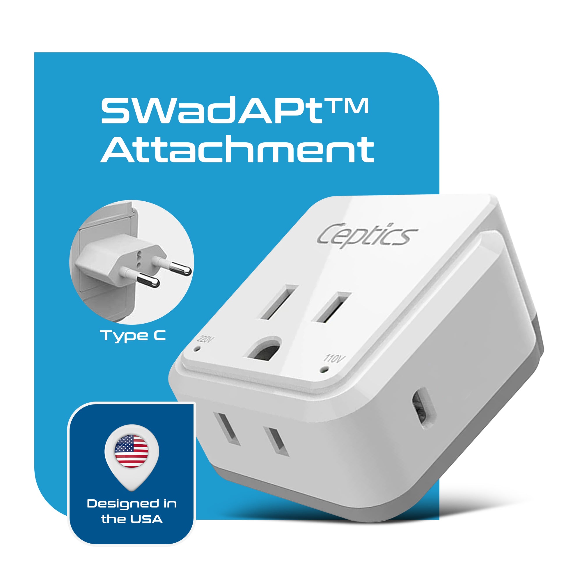 European travel Plug Adapter | Type C - USB C Port + 2 US Outlets (PAK-30W-9C)