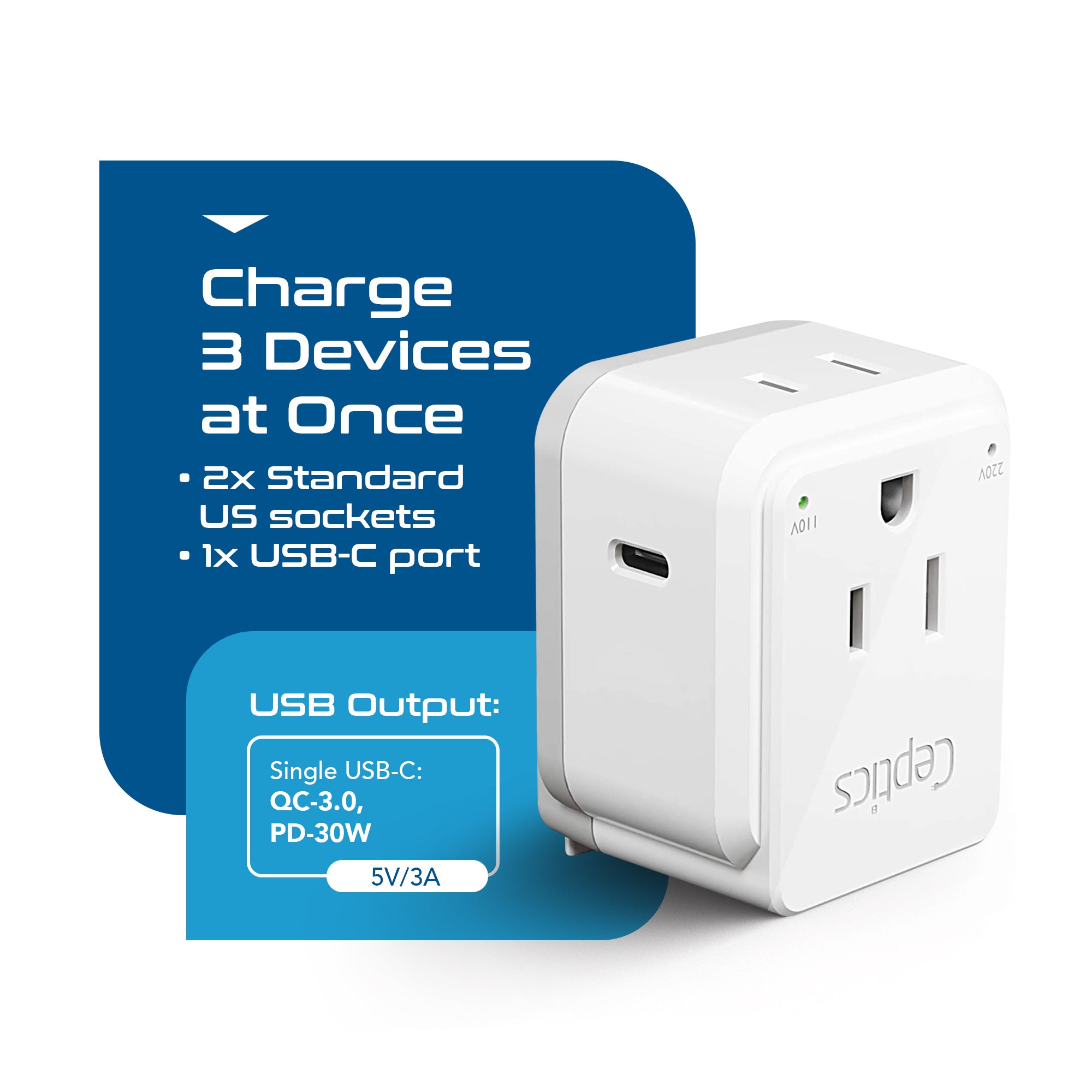 European travel Plug Adapter | Type C - USB C Port + 2 US Outlets (PAK-30W-9C)