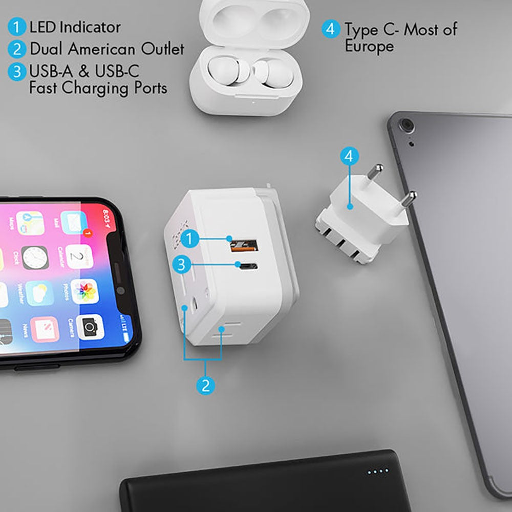 European Travel Adapter | Type C - USB & USB-C Ports + 2 US Outlets (PAK-C)