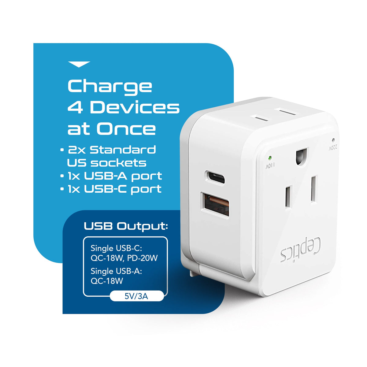 European Travel Adapter | Type C - USB & USB-C Ports + 2 US Outlets (PAK-C)