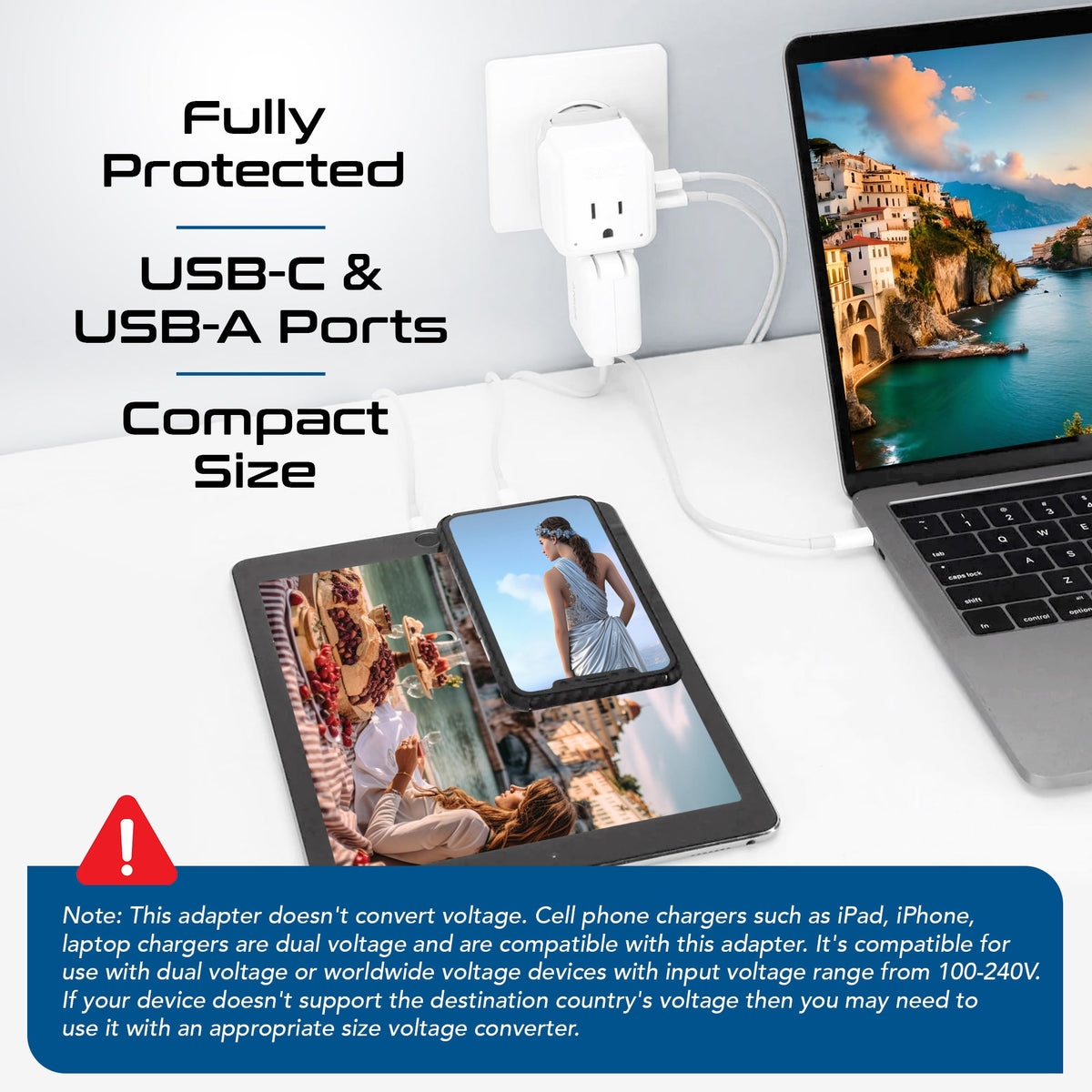 European Travel Adapter | Type C - USB & USB-C Ports + 2 US Outlets (PAK-C)