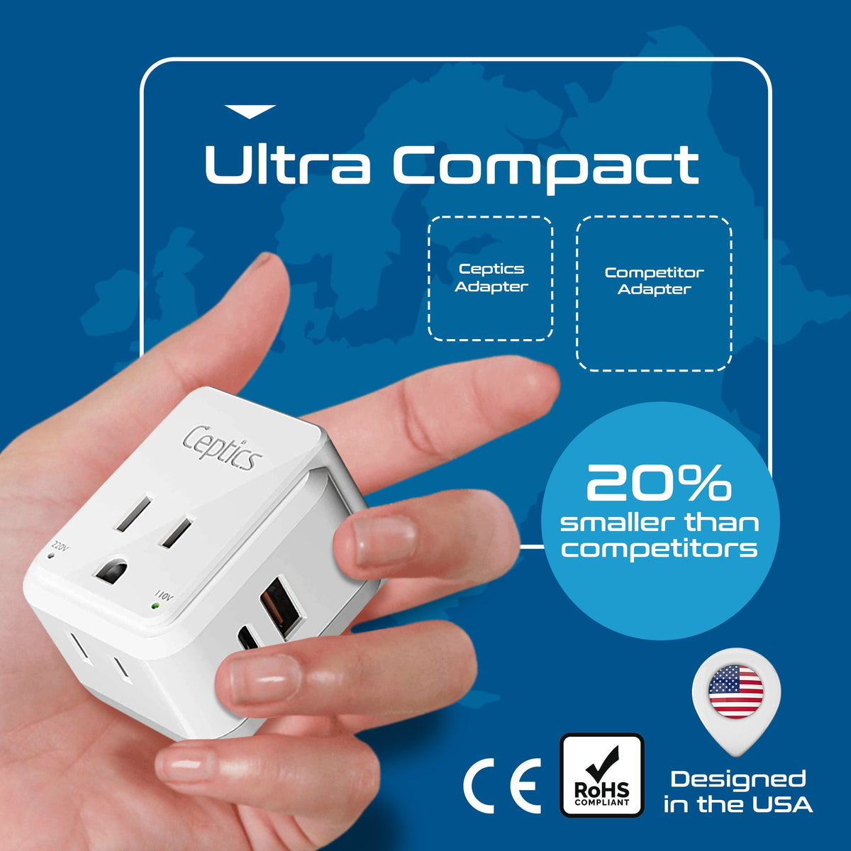 European Travel Adapter | Type C - USB & USB-C Ports + 2 US Outlets (PAK-C)