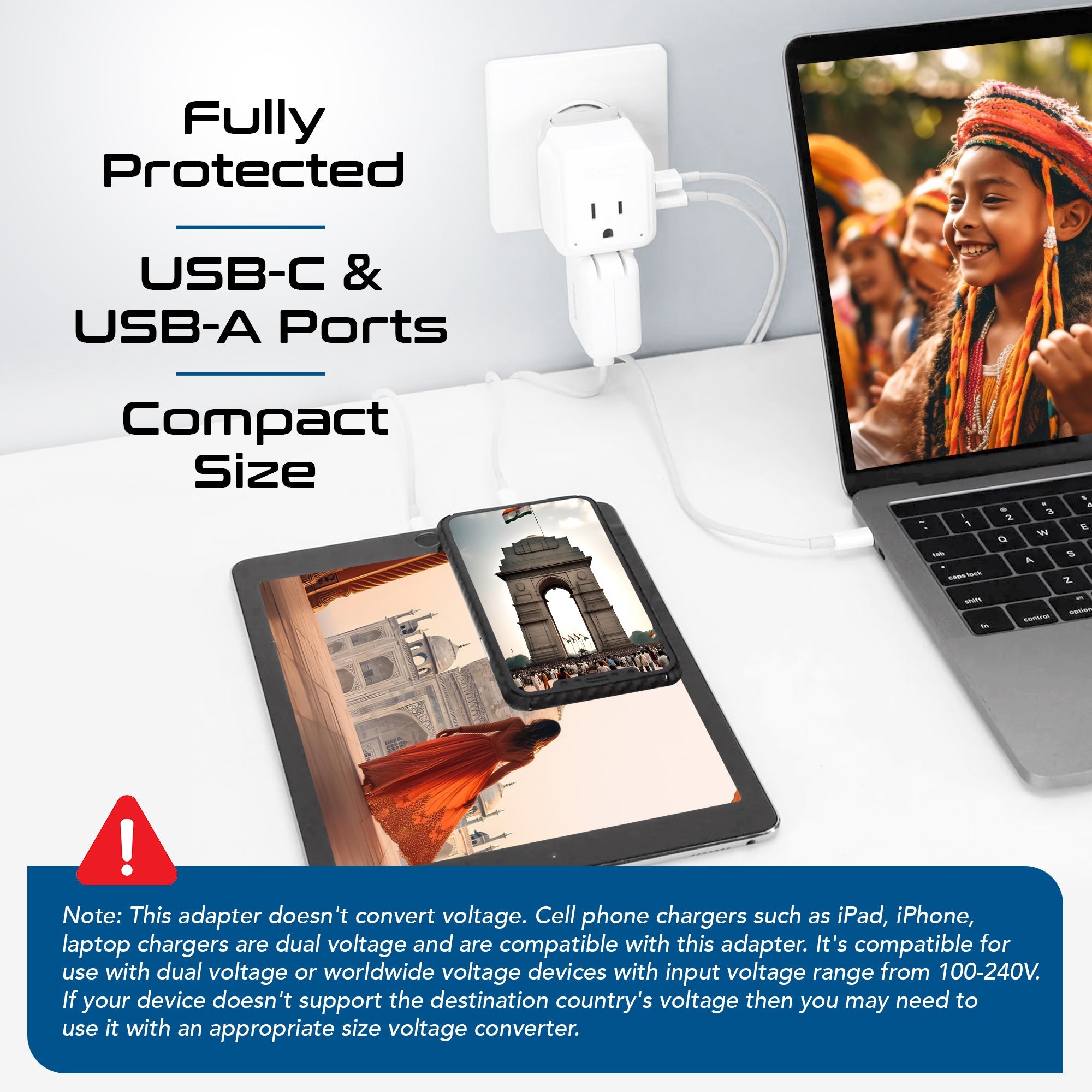 India, Nepal Travel Adapter Set | Type C, D - USB & USB-C Ports + 2 US Outlets (PAK-IN)