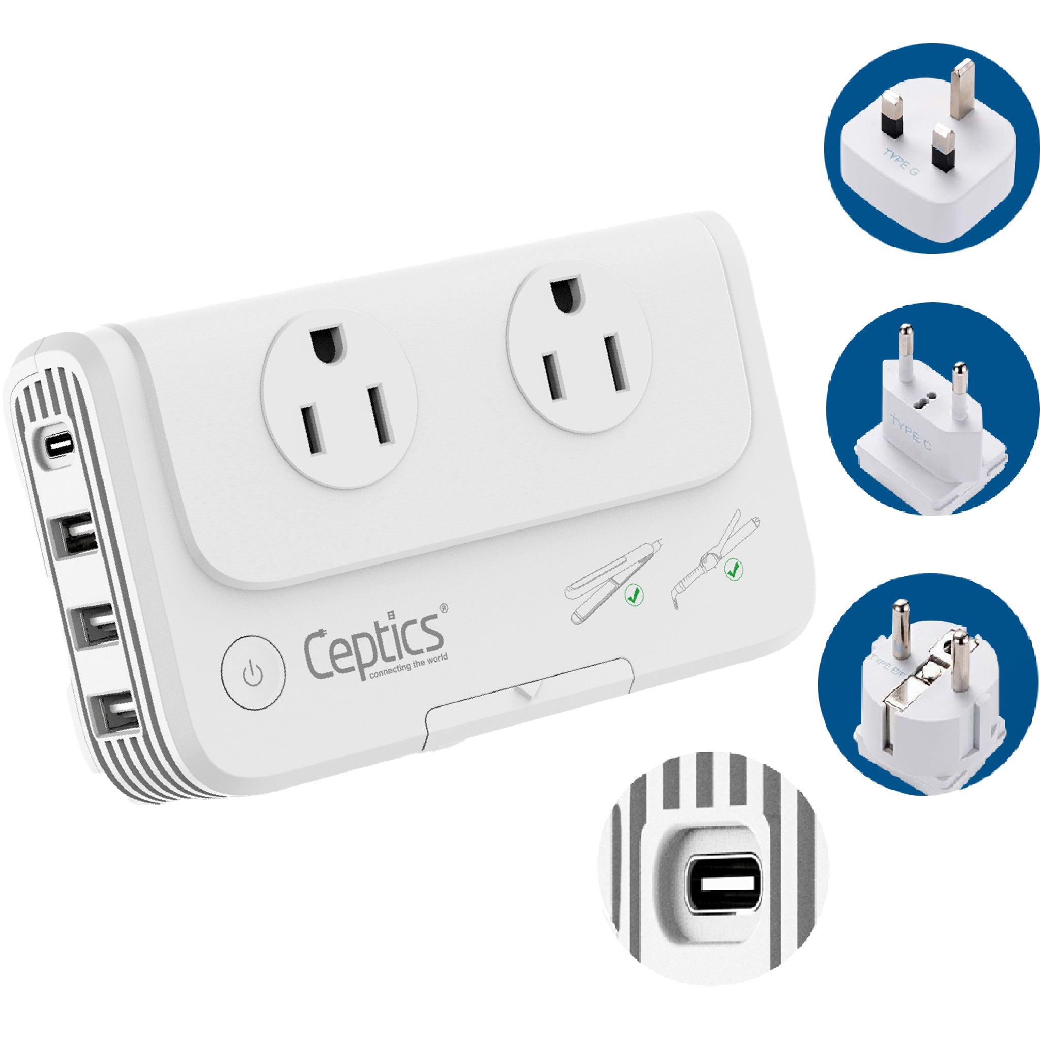 200W Step Down Converter – 2x outlets & 3 USB-A + 1 USB-C – AC 220-240V to 110V-120V Travel Voltage Converter - (PU-200X)