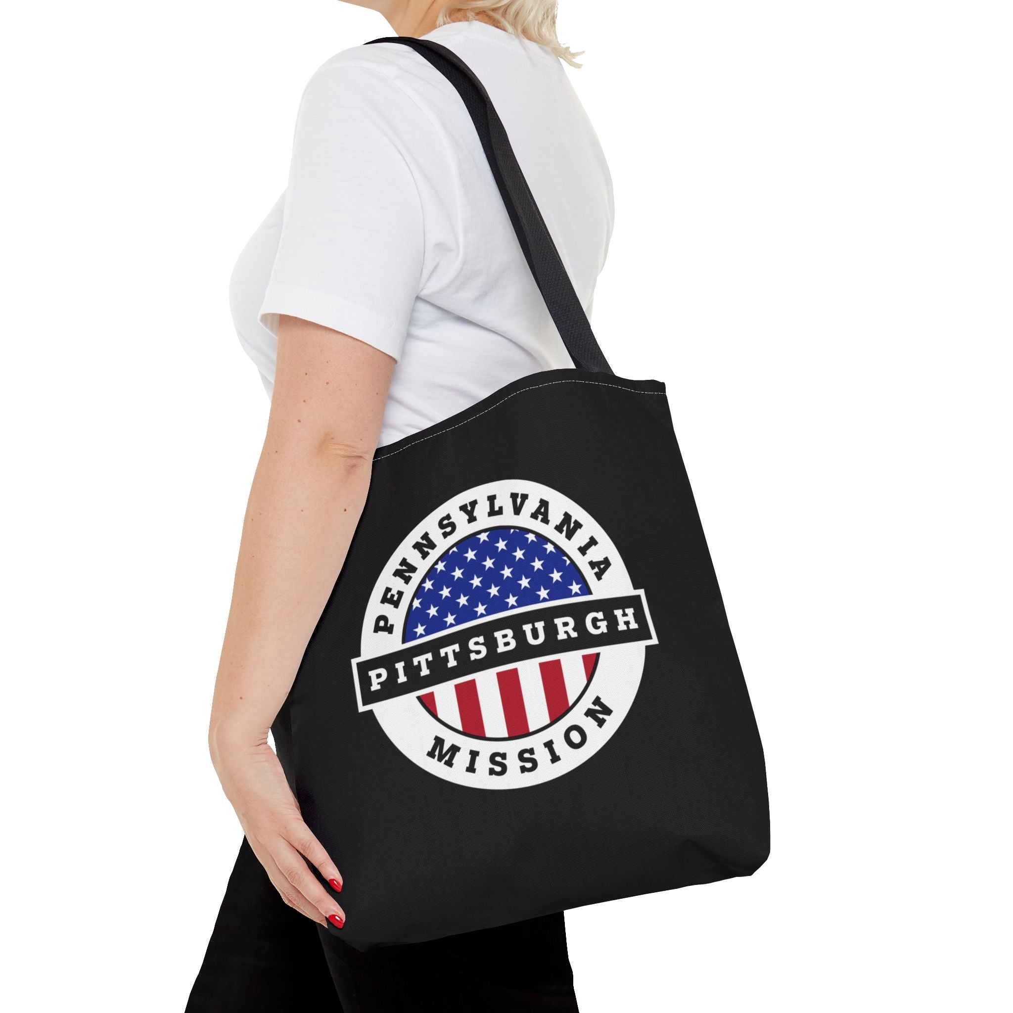 Pennsylvania Pittsburgh Mission USA Flag Logo Tote Bag Black - Mission Wishlist - LDS Missionary Gift Store