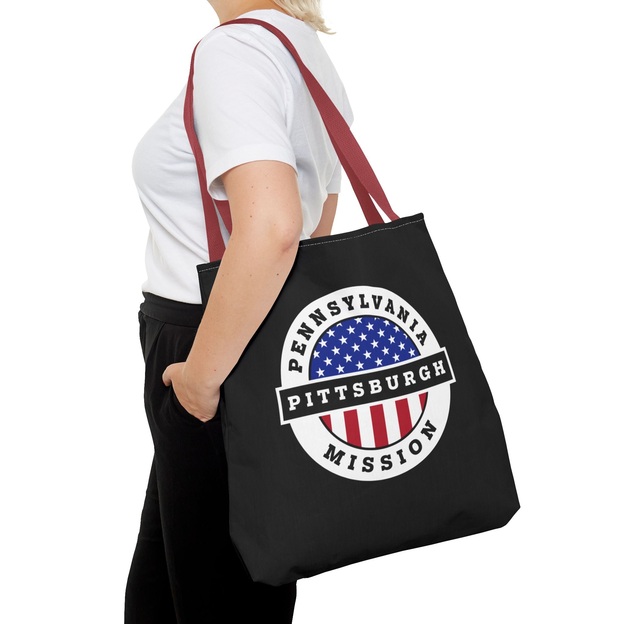 Pennsylvania Pittsburgh Mission USA Flag Logo Tote Bag Black - Mission Wishlist - LDS Missionary Gift Store