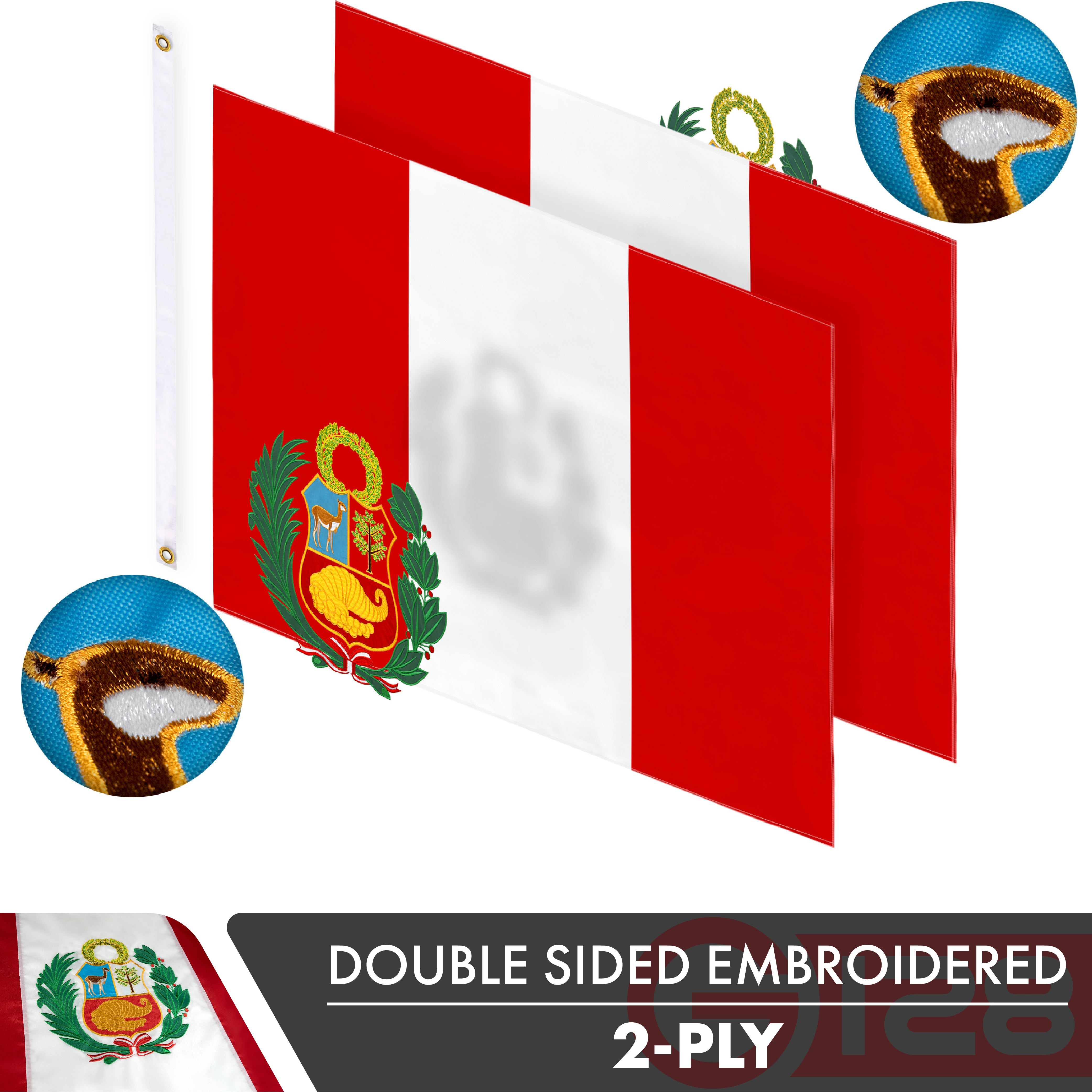 Peru (Peruvian) Flag | 3x5 feet | Double Sided Embroidered 210D Indoor/Outdoor, Brass Grommets, Heavy Duty Polyester