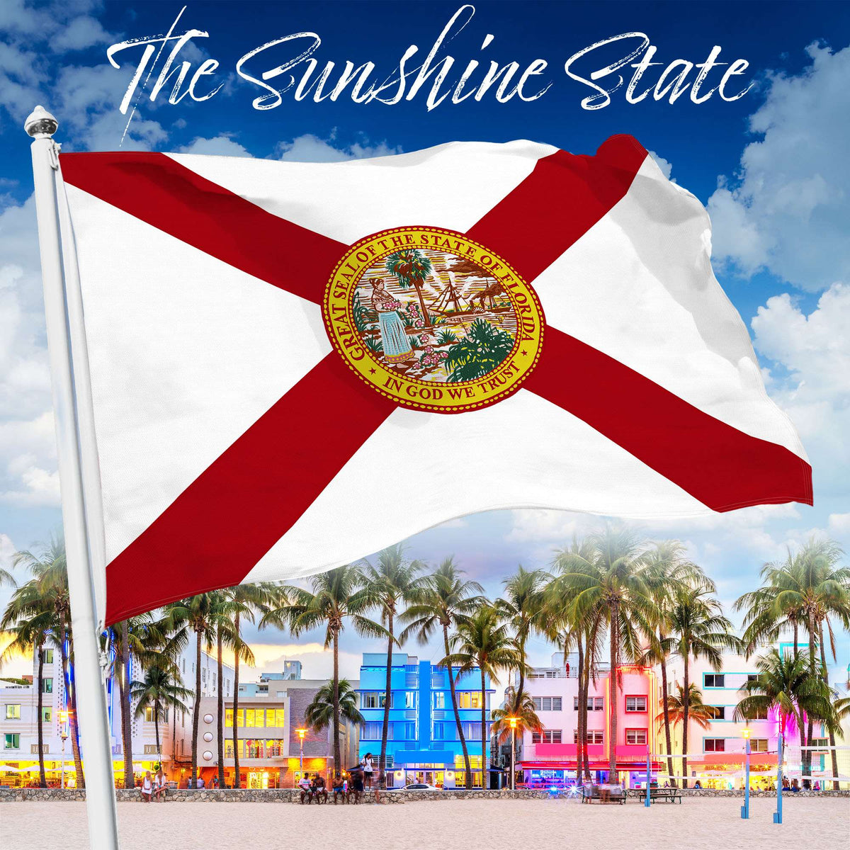 G128 Florida FL State Flag | 3x5 Ft | StormFlyer Series Embroidered 220GSM Spun Polyester | Embroidered Design, Indoor/Outdoor, Brass Grommets, Heavy Duty, All Weather