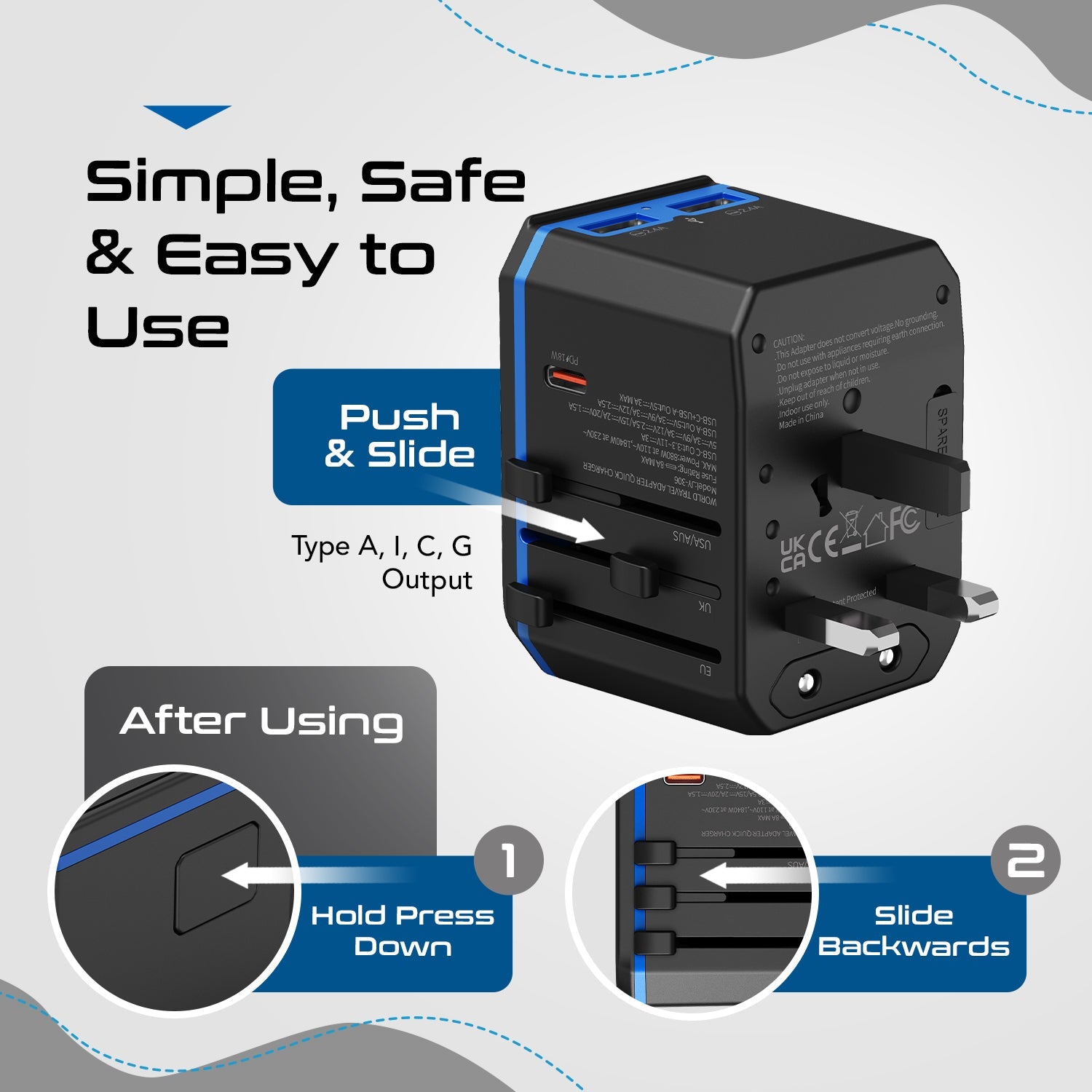 All-In-One International Travel Plug Adapter - USB C (PD-QC) - 2 USB Ports (UP-10KU)