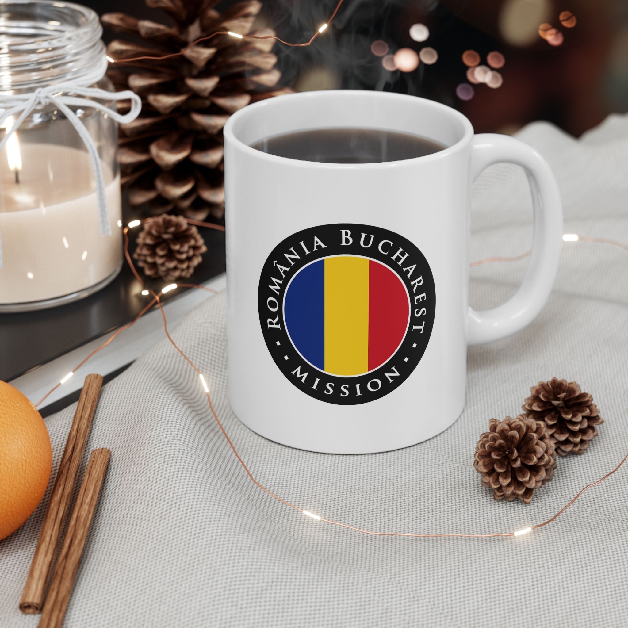 Romania Bucharest Mission Circular Flag White Ceramic Mug - Latter-Day Saint LDS Missionary Gift - Book of Mormon