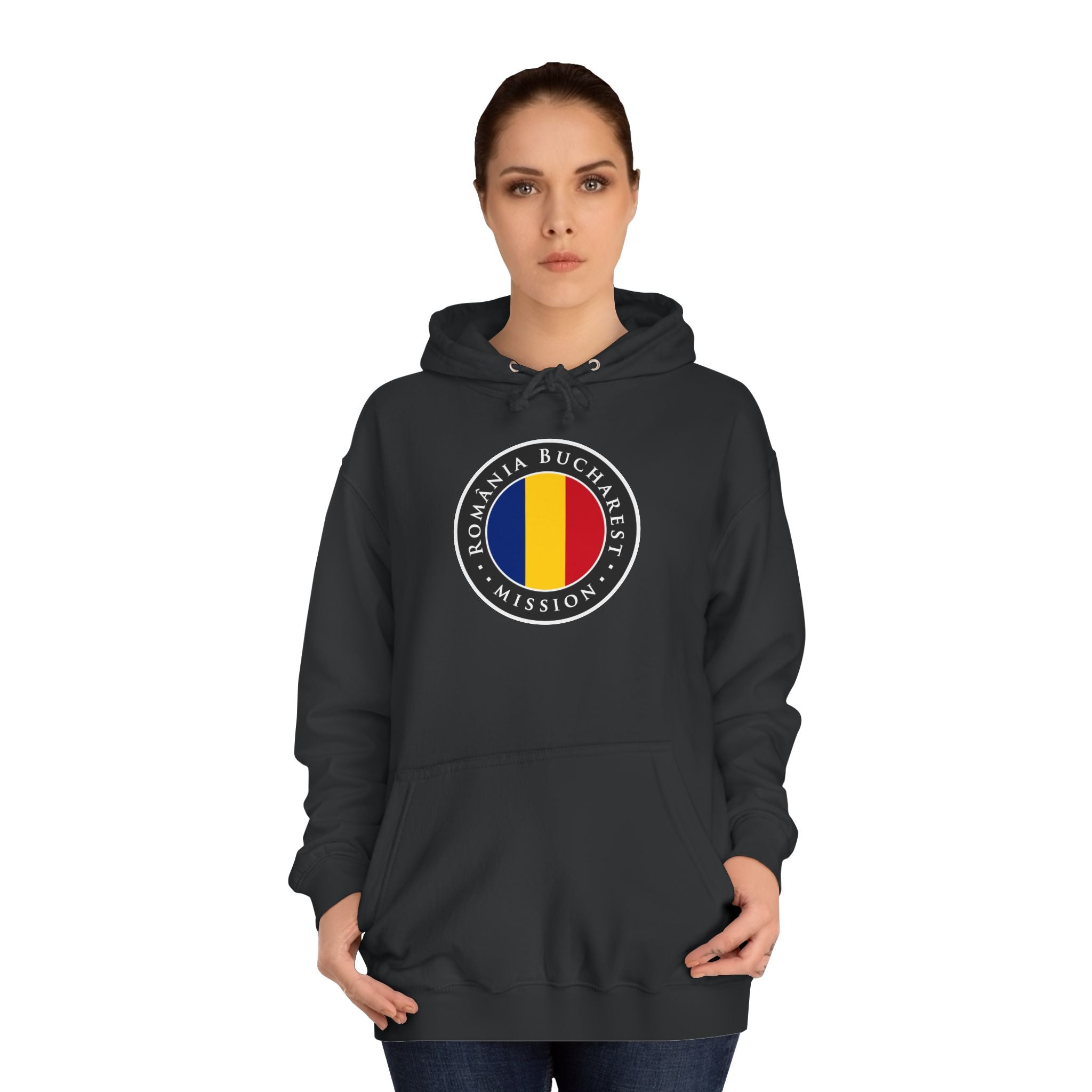 Romania Bucharest Mission Flag Logo (Black Border) College Hoodie - Latter-Day Saint LDS Missionary Gift - Book of Mormon
