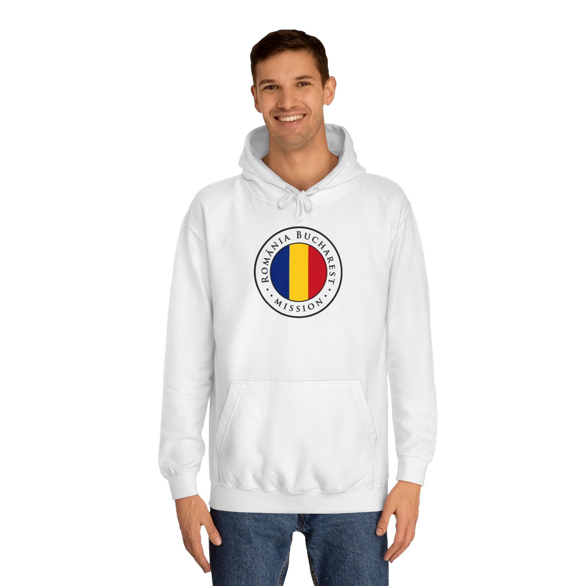 Romania Bucharest Mission Flag Logo (White Border) College Hoodie - Latter-Day Saint LDS Missionary Gift - Book of Mormon