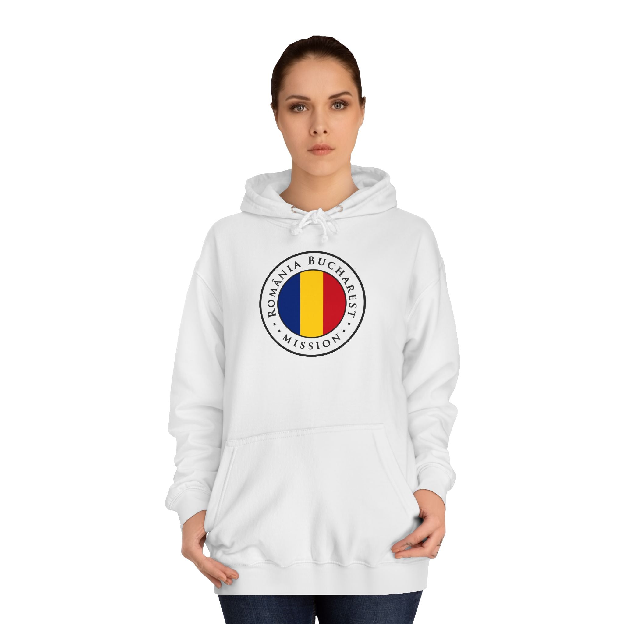 Romania Bucharest Mission Flag Logo (White Border) College Hoodie - Latter-Day Saint LDS Missionary Gift - Book of Mormon
