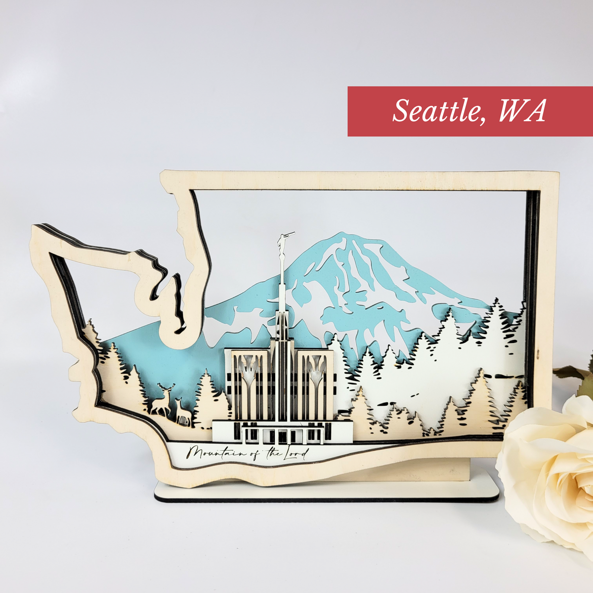 Seattle Washington Temple LDS Customized Temple State Sign, Laser cut and fully assembled