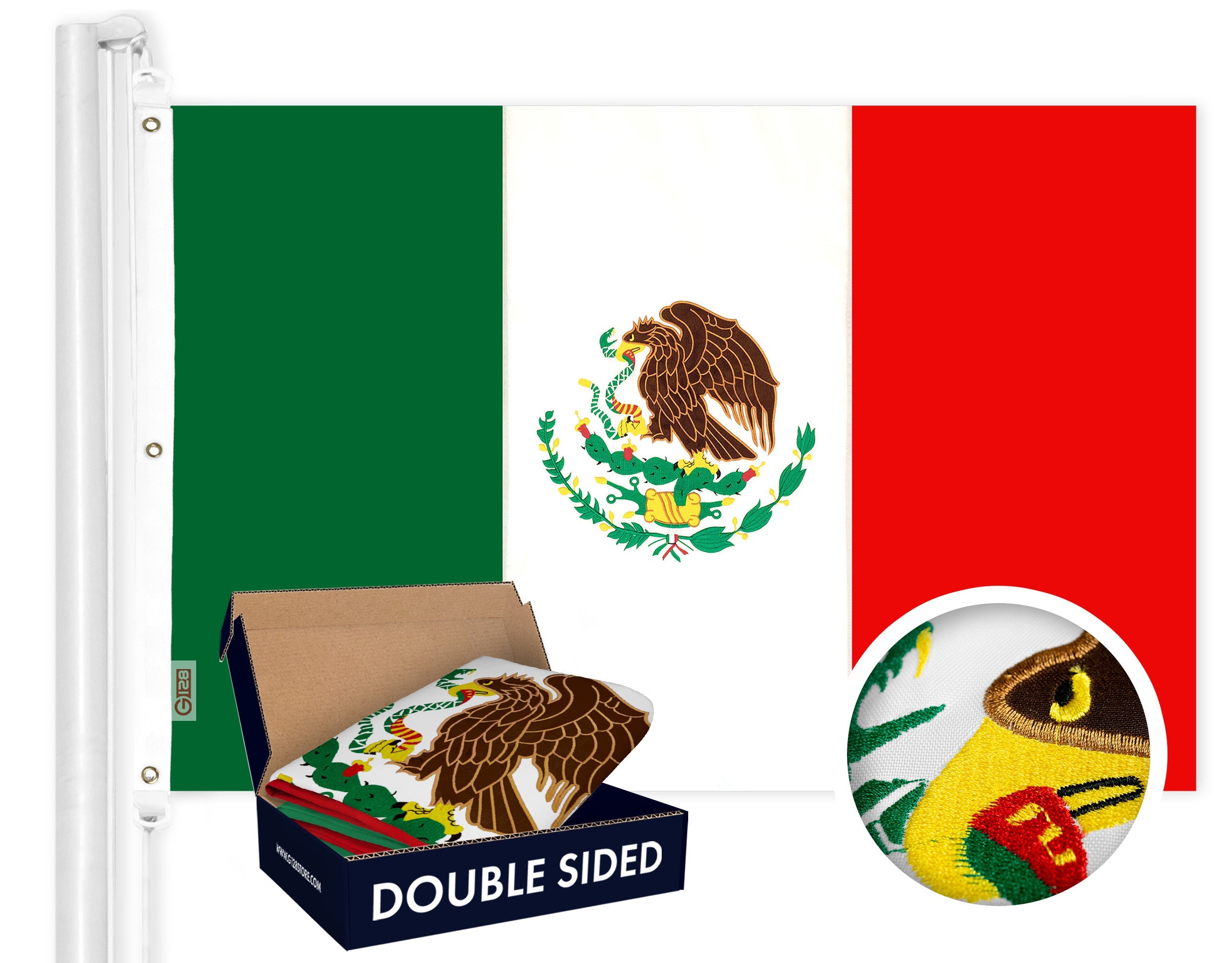 G128 Mexico Mexican Flag | 6x10 Ft | Double ToughWeave Series Double Sided Embroidered 210D Polyester | Country Flag, Embroidered Design, Indoor/Outdoor, Brass Grommets, Heavy Duty, 3-ply