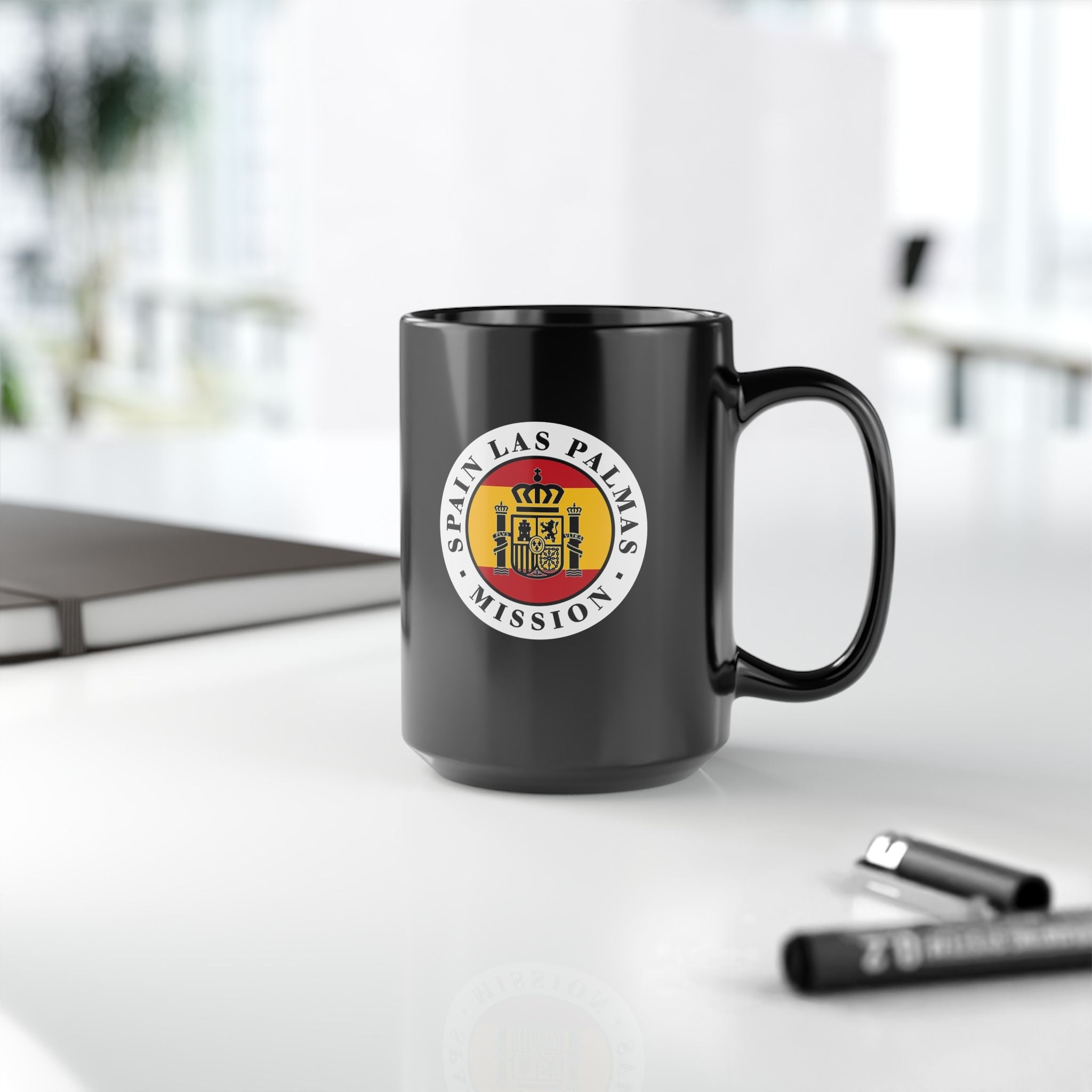 Spain Las Palmas Mission Circular Flag Black Ceramic Mug - Latter-Day Saint LDS Missionary Gift - Book of Mormon