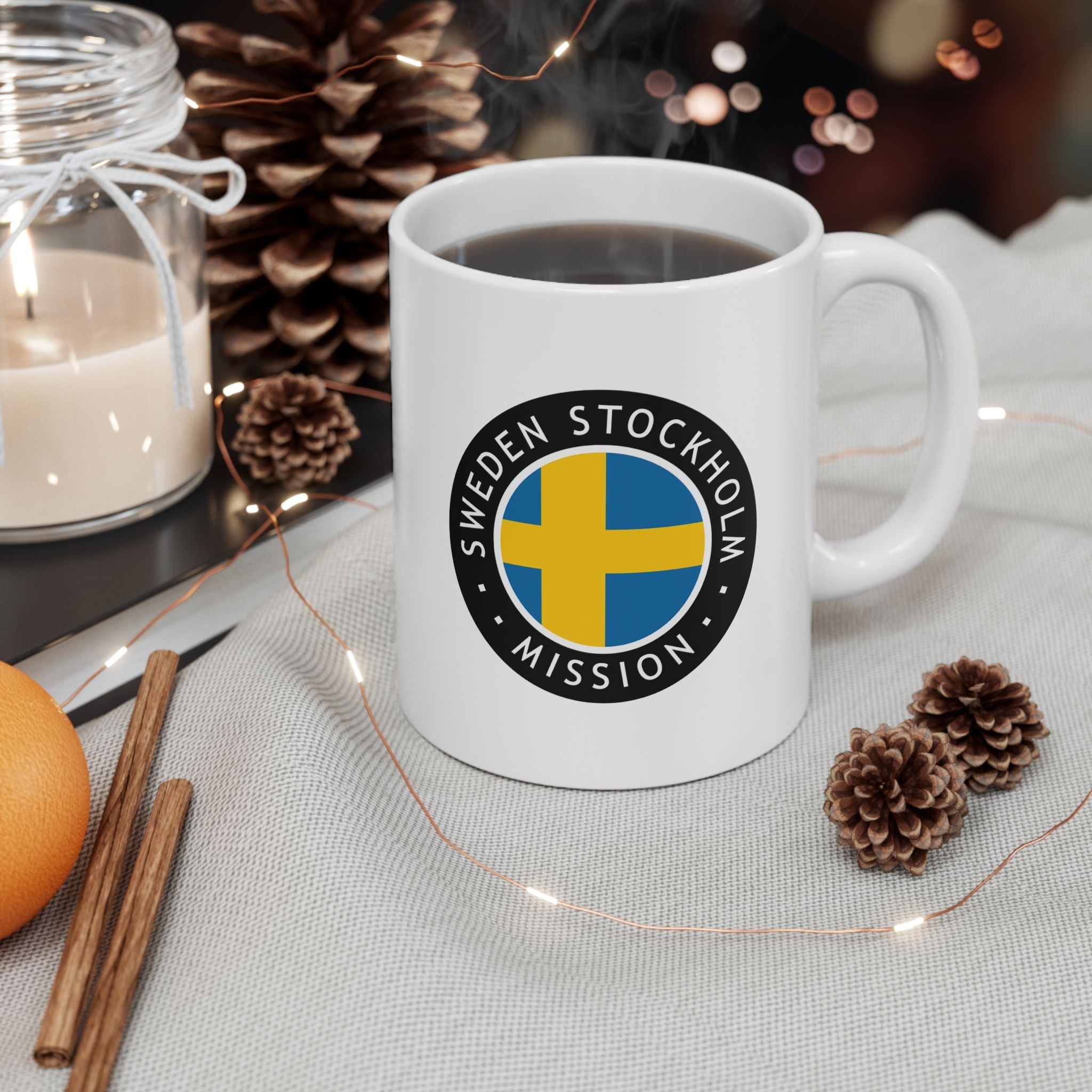 Sweden Stockholm Mission Circular Flag White Ceramic Mug - Latter-Day Saint LDS Missionary Gift - Book of Mormon