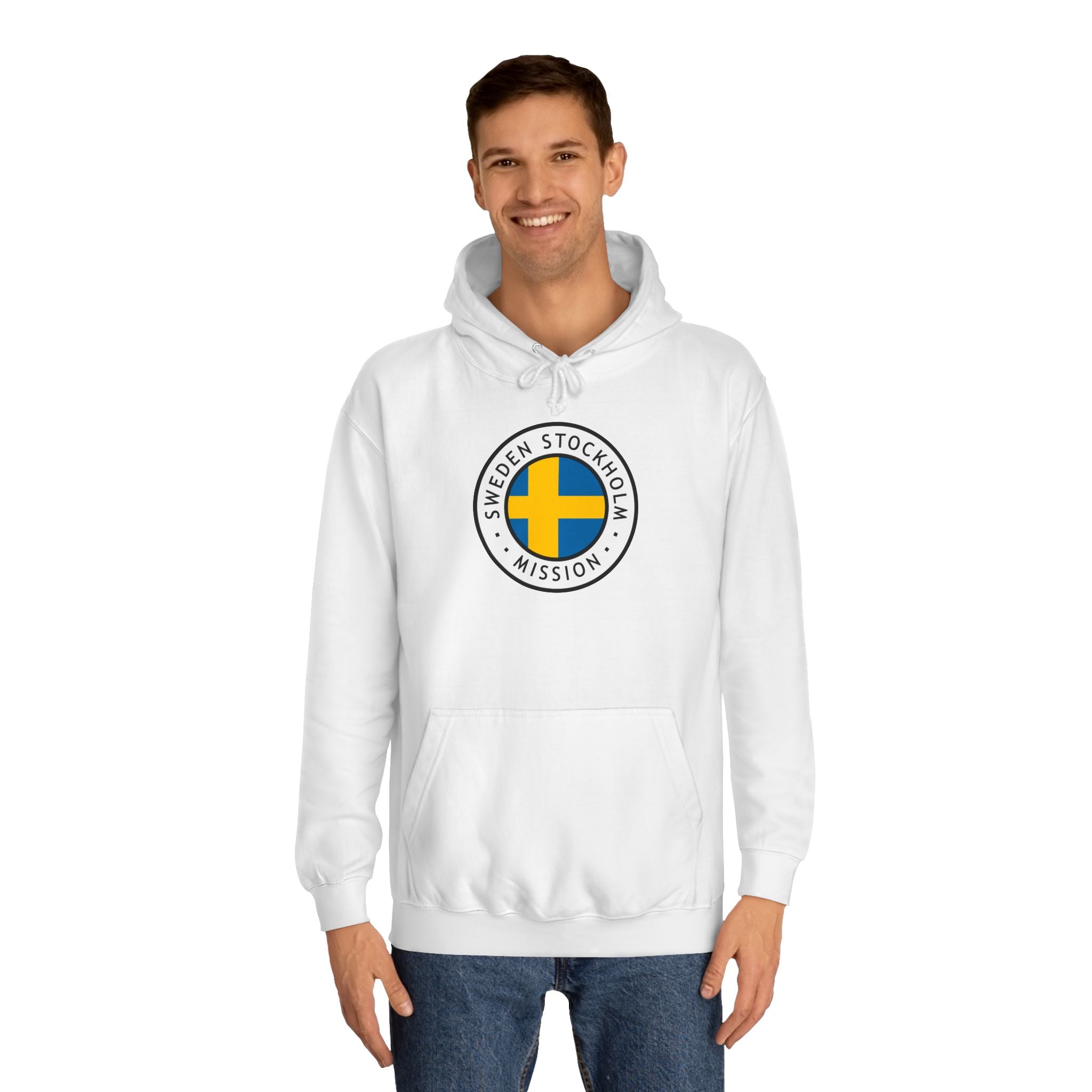 Sweden Stockholm Mission Flag Logo (White Border) College Hoodie - Latter-Day Saint LDS Missionary Gift - Book of Mormon