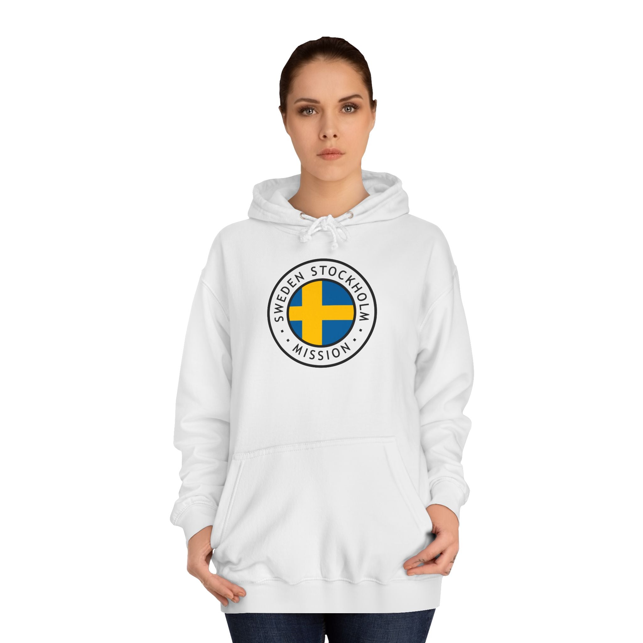Sweden Stockholm Mission Flag Logo (White Border) College Hoodie - Latter-Day Saint LDS Missionary Gift - Book of Mormon