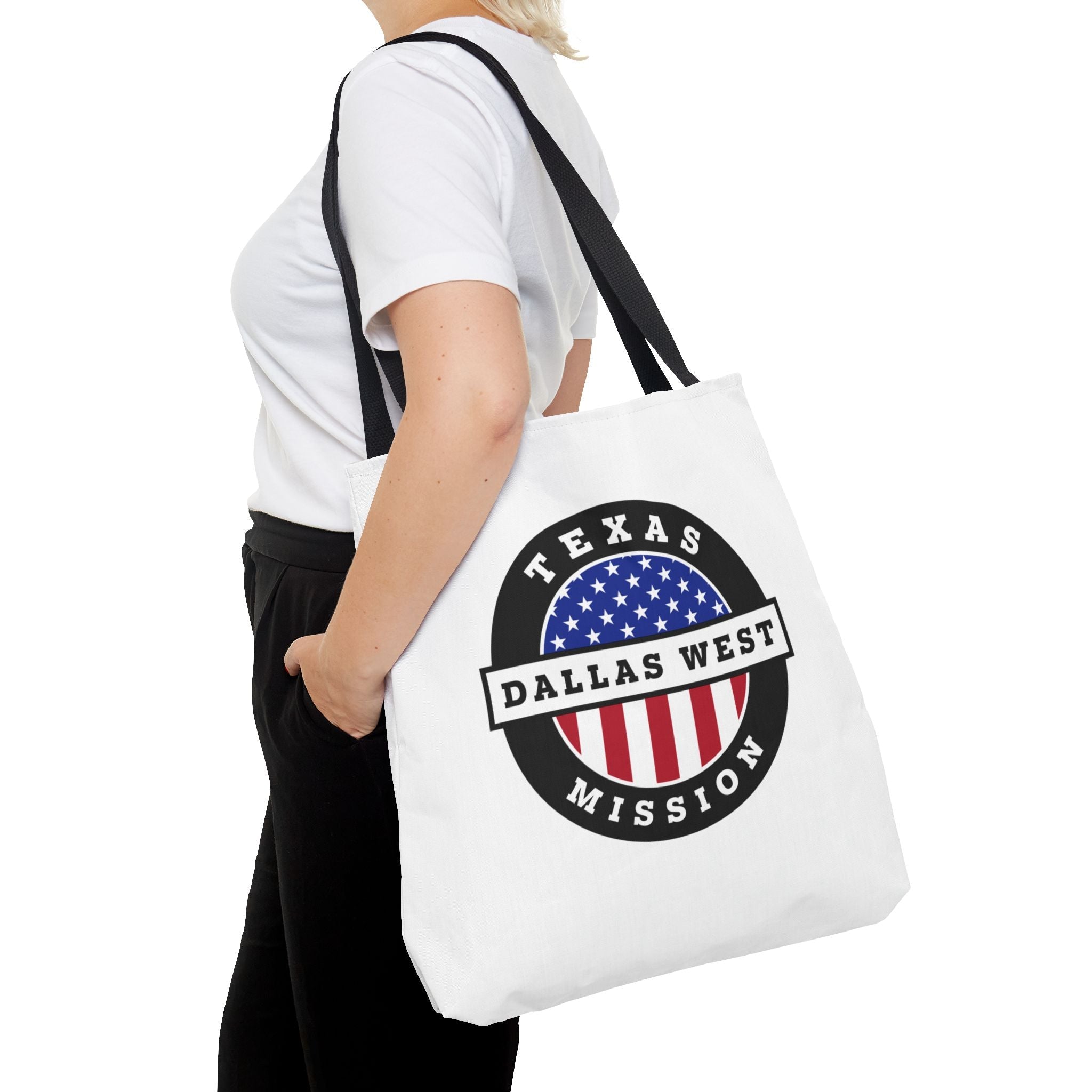 Texas Dallas West Mission USA Flag Logo Tote Bag White - Mission Wishlist - LDS Missionary Gift Store