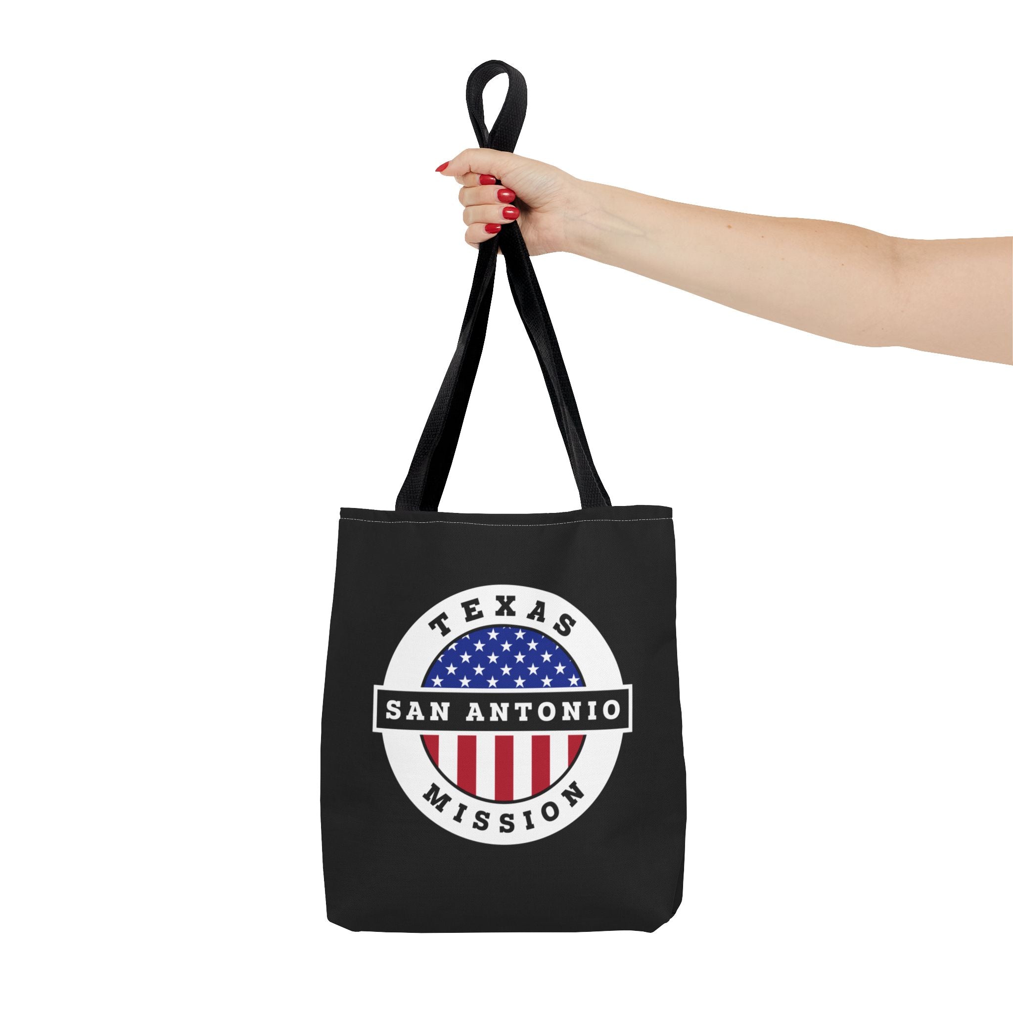 Texas San Antonio Mission USA Flag Logo Tote Bag Black - Latter-Day Saint LDS Missionary Gift - Book of Mormon