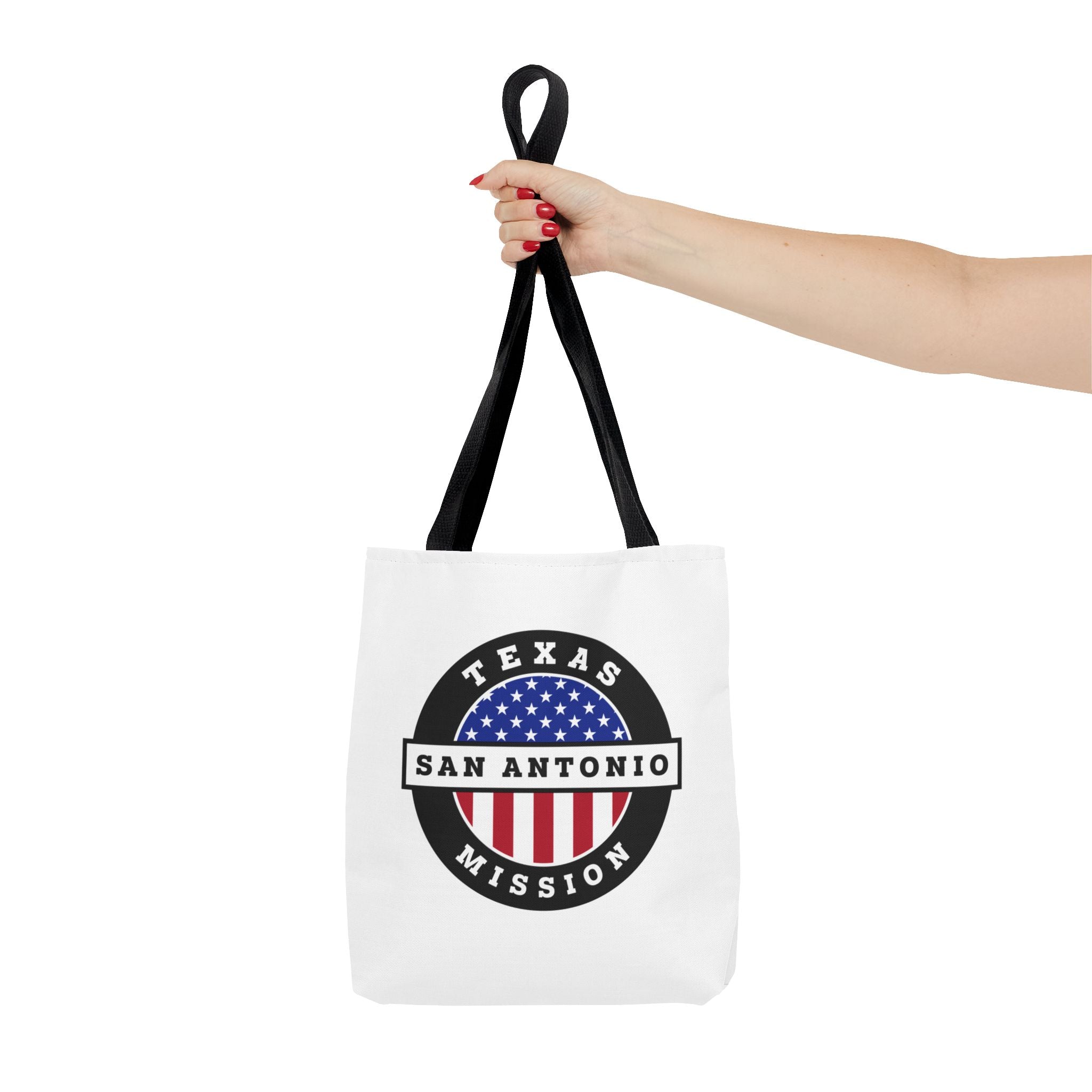 Texas San Antonio Mission USA Flag Logo Tote Bag White - Mission Wishlist - LDS Missionary Gift Store