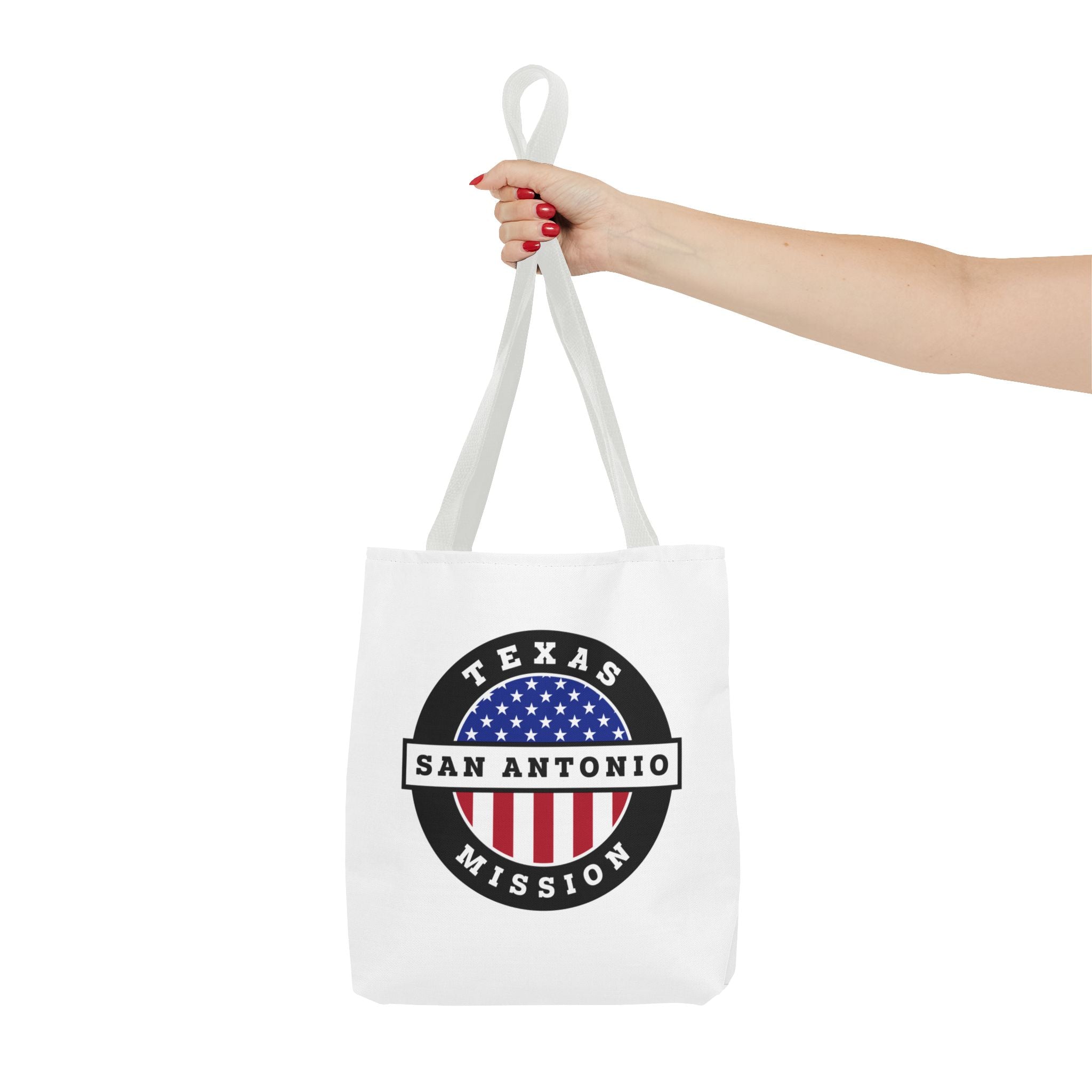 Texas San Antonio Mission USA Flag Logo Tote Bag White - Mission Wishlist - LDS Missionary Gift Store