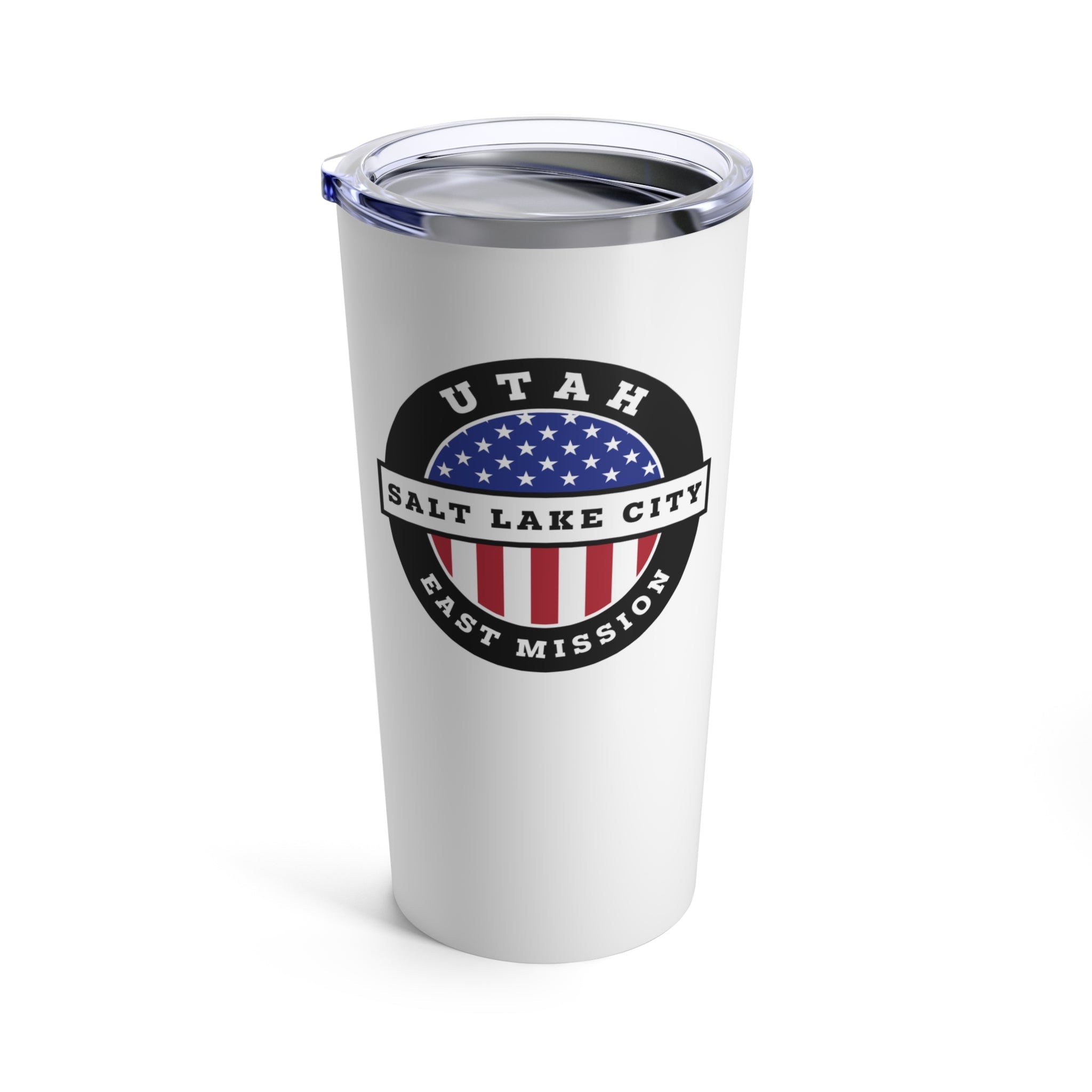 Utah Salt Lake City East Mission USA Flag Logo Tumbler 20oz White - Latter-Day Saint LDS Missionary Gift - Book of Mormon