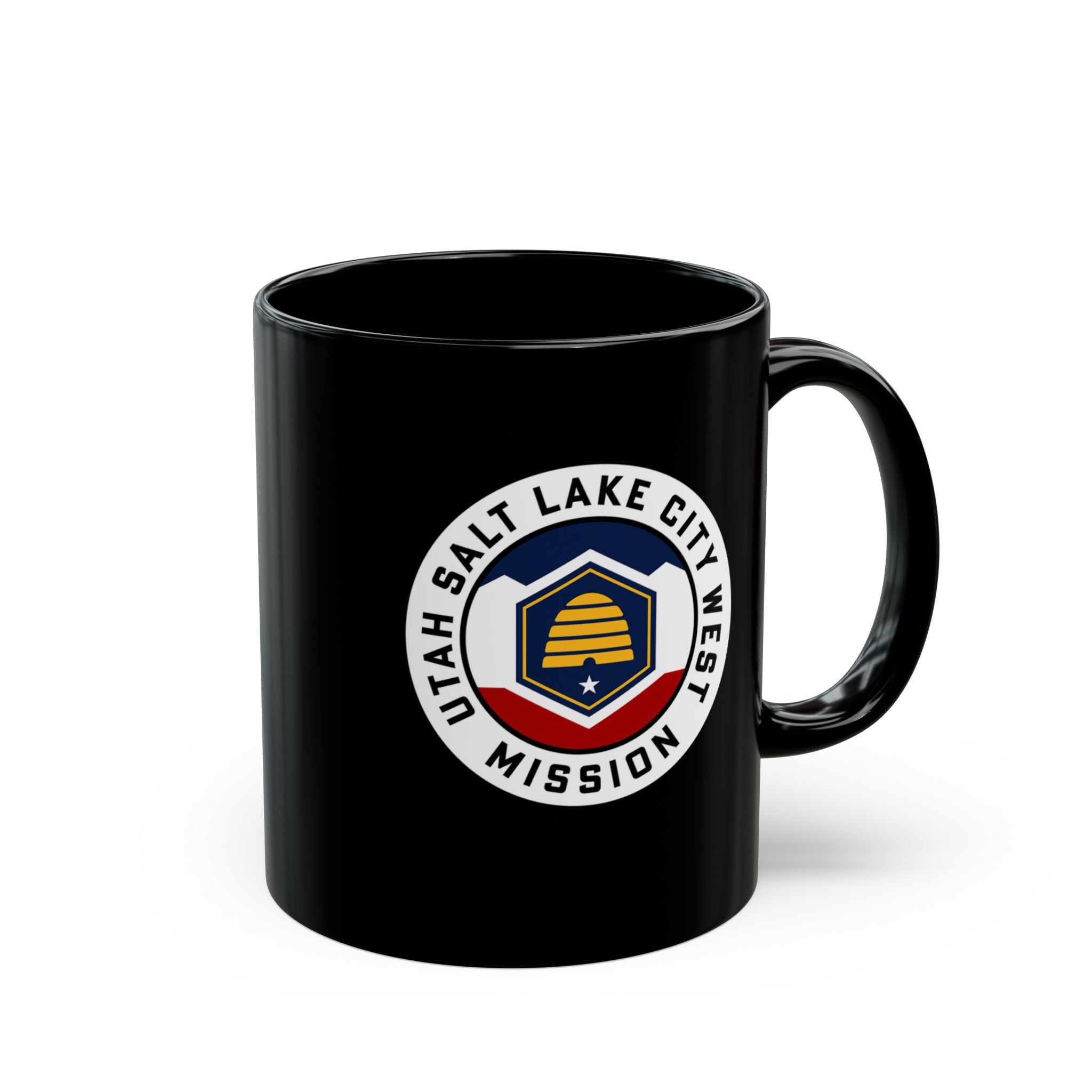 Utah Salt Lake City West Mission State Flag Logo Ceramic Mug Black Name - Latter-Day Saint LDS Missionary Gift - Book of Mormon