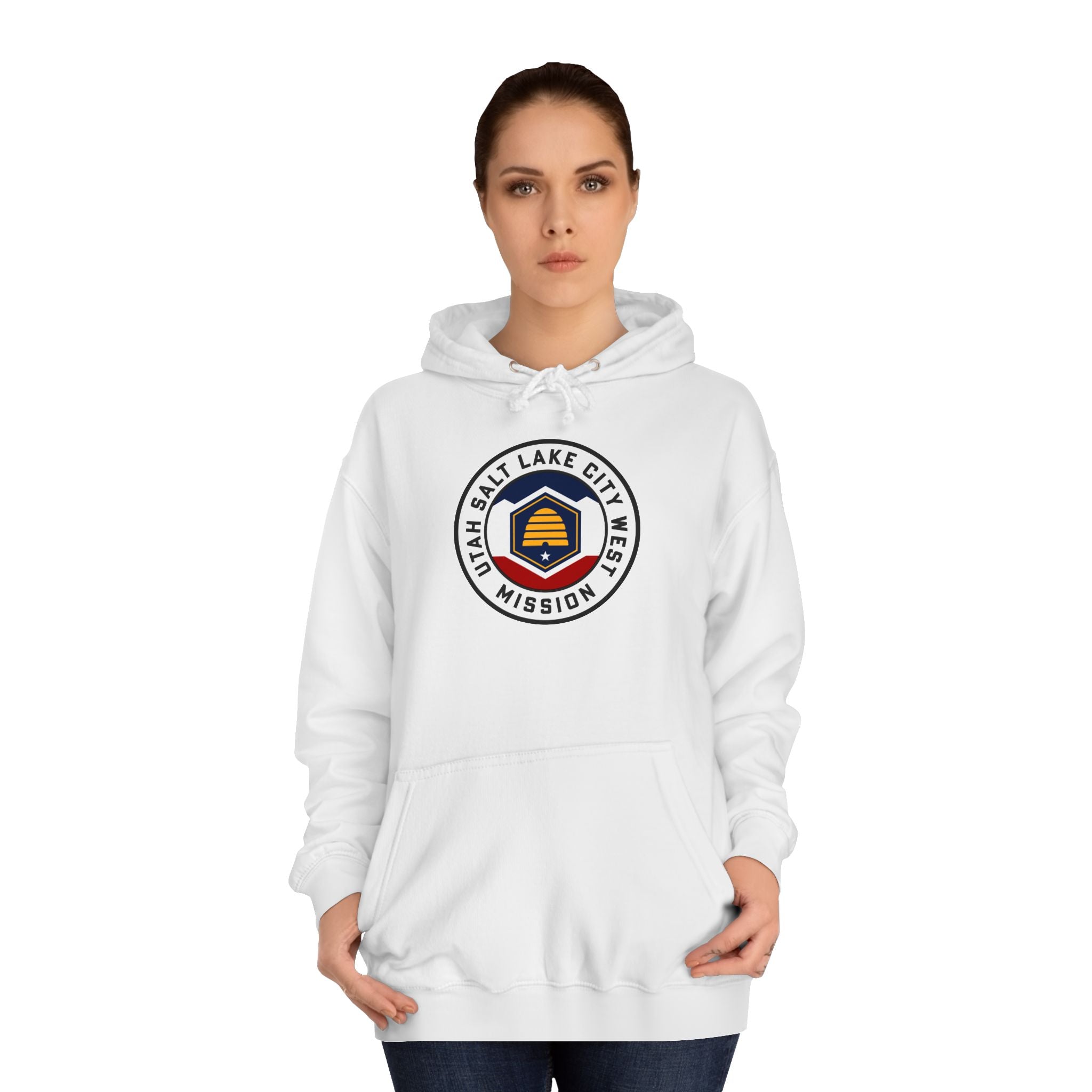 Utah Salt Lake City West Mission State Flag Logo (White Border) College Hoodie - Mission Wishlist - LDS Missionary Gift Store