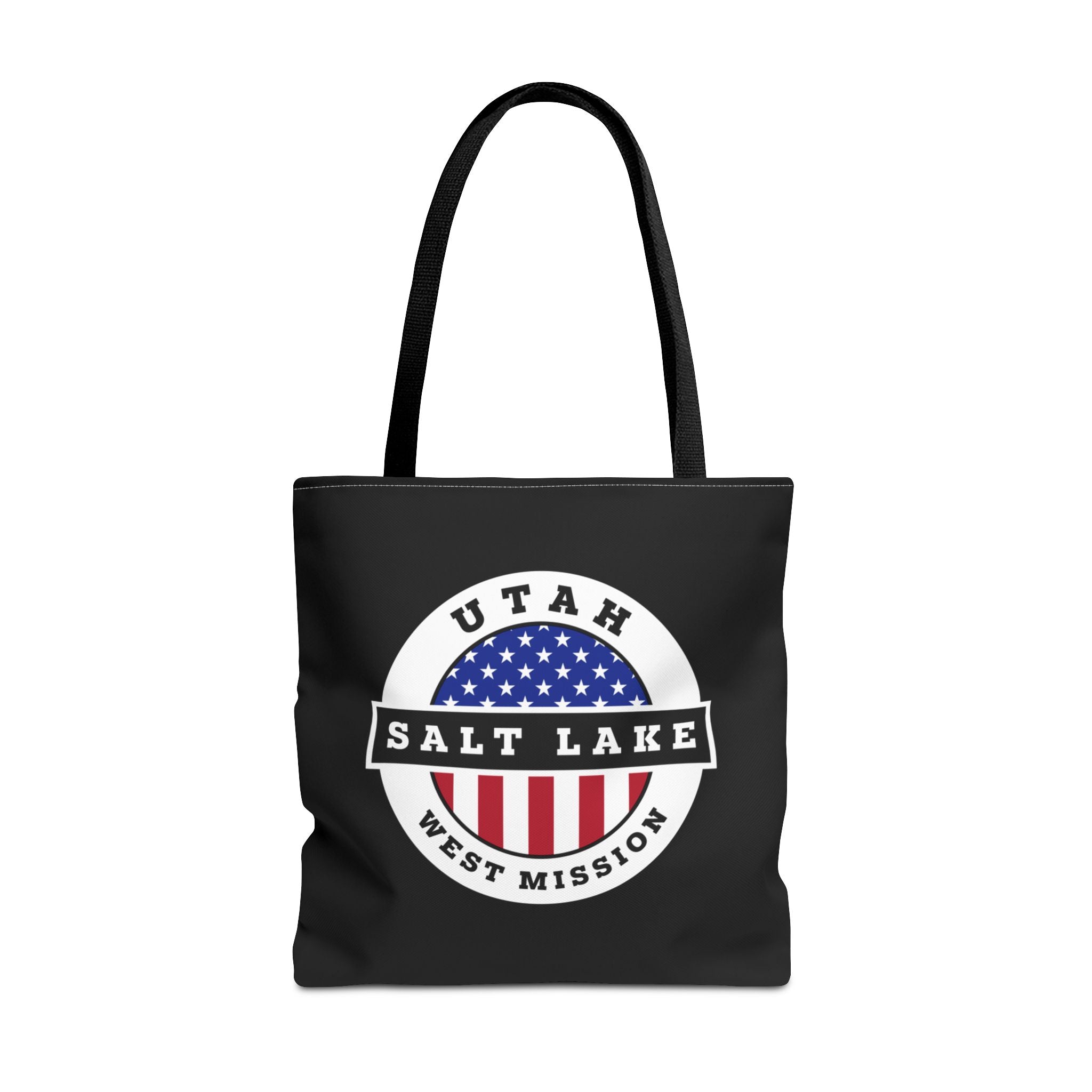 Utah Salt Lake City West Mission USA Flag Logo Tote Bag Black - Mission Wishlist - LDS Missionary Gift Store